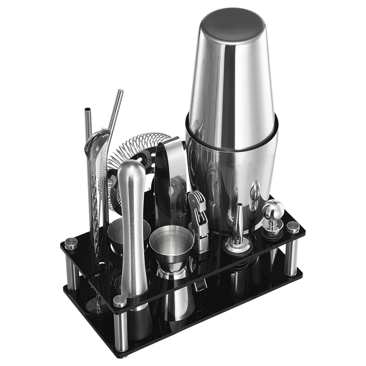 Cocktail Shaker Set, 14-Piece Stainless Steel Bar Tools with Acrylic Stand, Boston Bartender Kit Accessories | Mixer Spoon, Muddler, Jiggers, Strainer, Liquor Pourer, Ice Tong, Corkscrew, Silver