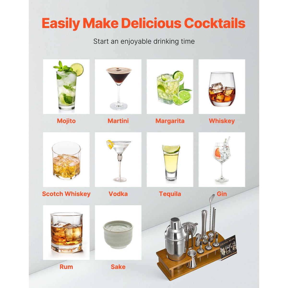 Cocktail Shaker Set, 18-Piece Stainless Steel Bar Tools with Bamboo Stand, Martini Bartender Kit Accessories | Mixer Spoon, Muddler, Jigger, Strainer, Liquor Pourers, Ice Tong, Corkscrew, Silver