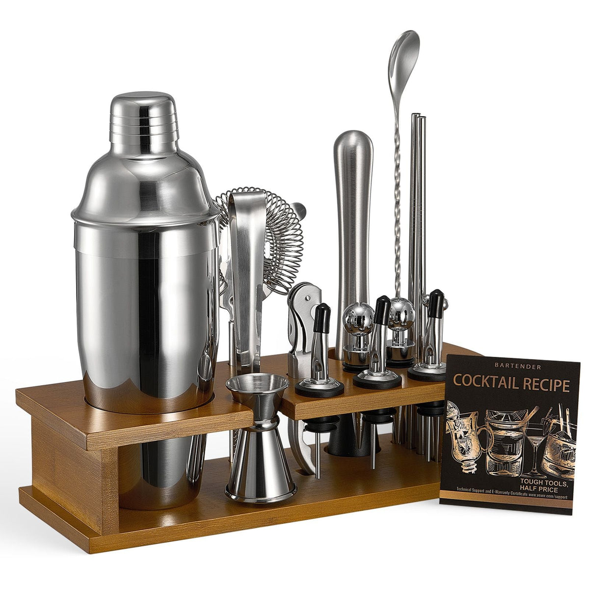 Cocktail Shaker Set, 18-Piece Stainless Steel Bar Tools with Bamboo Stand, Martini Bartender Kit Accessories | Mixer Spoon, Muddler, Jigger, Strainer, Liquor Pourers, Ice Tong, Corkscrew, Silver