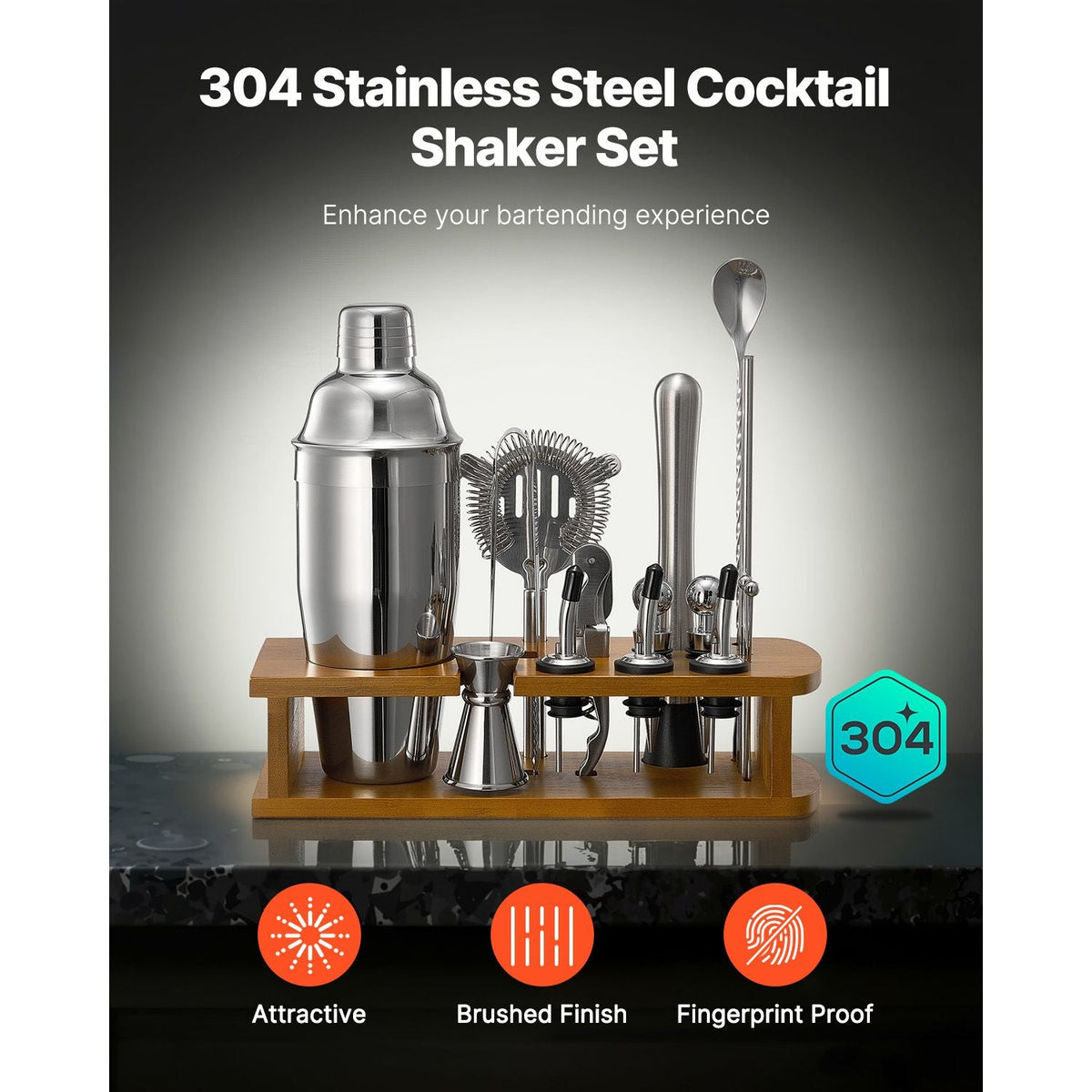 Cocktail Shaker Set, 18-Piece Stainless Steel Bar Tools with Bamboo Stand, Martini Bartender Kit Accessories | Mixer Spoon, Muddler, Jigger, Strainer, Liquor Pourers, Ice Tong, Corkscrew, Silver