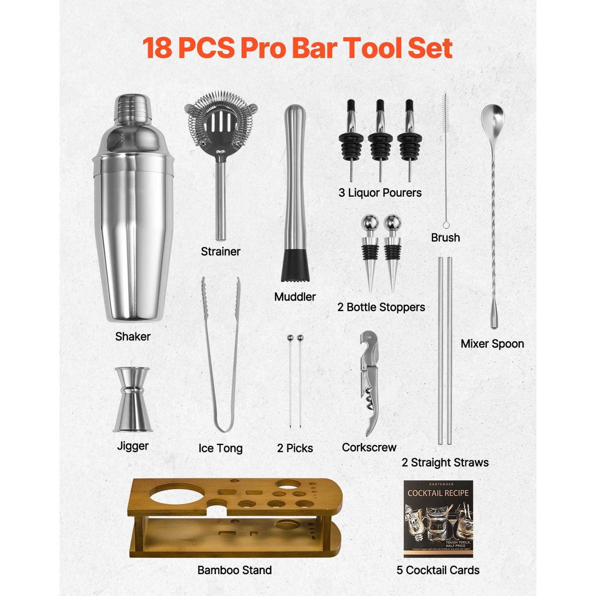 Cocktail Shaker Set, 18-Piece Stainless Steel Bar Tools with Bamboo Stand, Martini Bartender Kit Accessories | Mixer Spoon, Muddler, Jigger, Strainer, Liquor Pourers, Ice Tong, Corkscrew, Silver