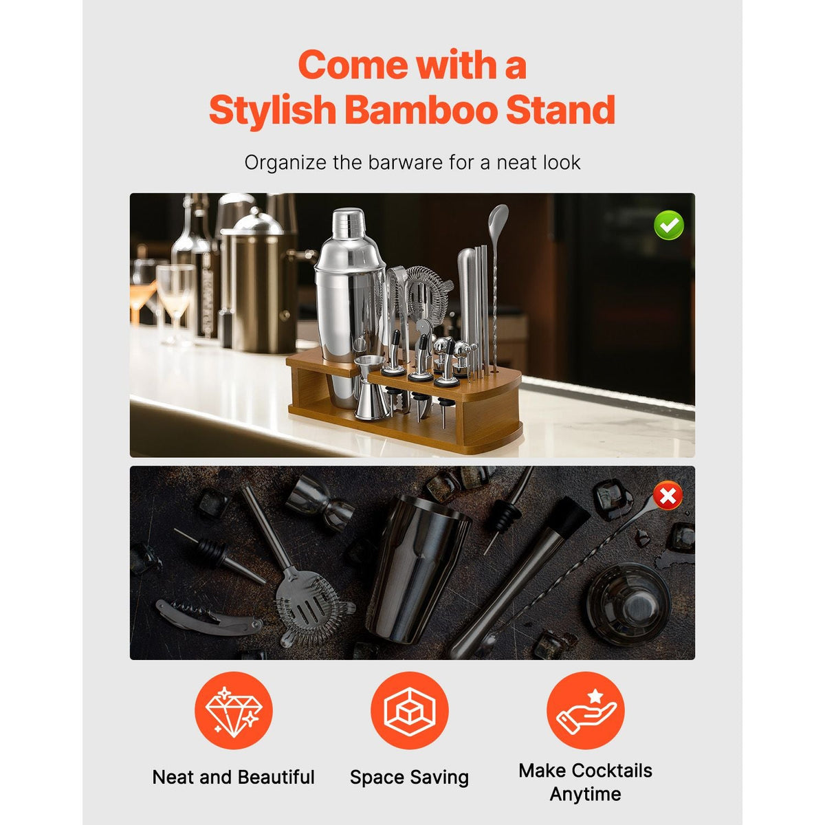 Cocktail Shaker Set, 18-Piece Stainless Steel Bar Tools with Bamboo Stand, Martini Bartender Kit Accessories | Mixer Spoon, Muddler, Jigger, Strainer, Liquor Pourers, Ice Tong, Corkscrew, Silver