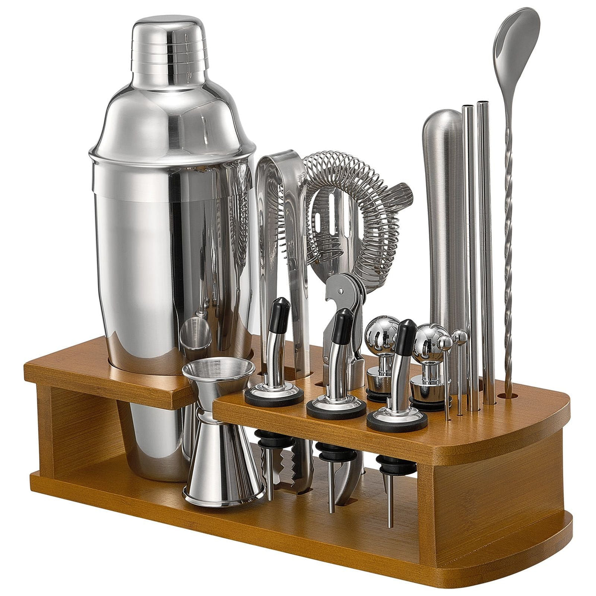 Cocktail Shaker Set, 18-Piece Stainless Steel Bar Tools with Bamboo Stand, Martini Bartender Kit Accessories | Mixer Spoon, Muddler, Jigger, Strainer, Liquor Pourers, Ice Tong, Corkscrew, Silver