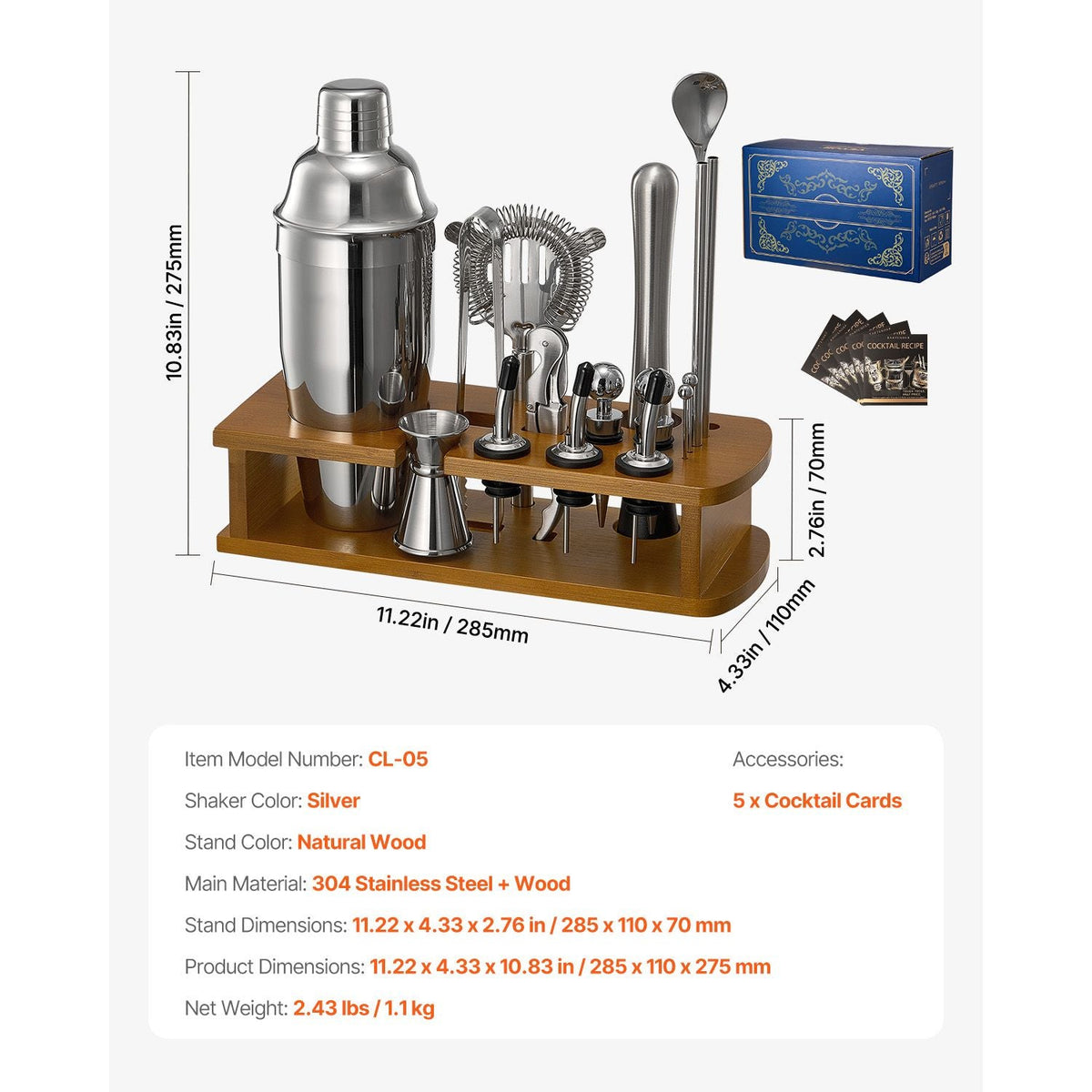 Cocktail Shaker Set, 18-Piece Stainless Steel Bar Tools with Bamboo Stand, Martini Bartender Kit Accessories | Mixer Spoon, Muddler, Jigger, Strainer, Liquor Pourers, Ice Tong, Corkscrew, Silver