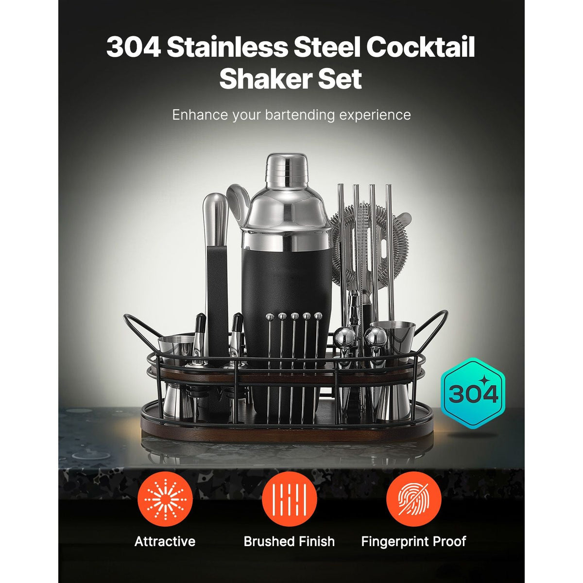 Cocktail Shaker Set, 23-Piece Stainless Steel Bar Tools with Bamboo Stand, Martini Bartender Kit Accessories | Mixer Spoon, Muddler, Jiggers, Strainer, Liquor Pourers, Ice Tong, Corkscrew