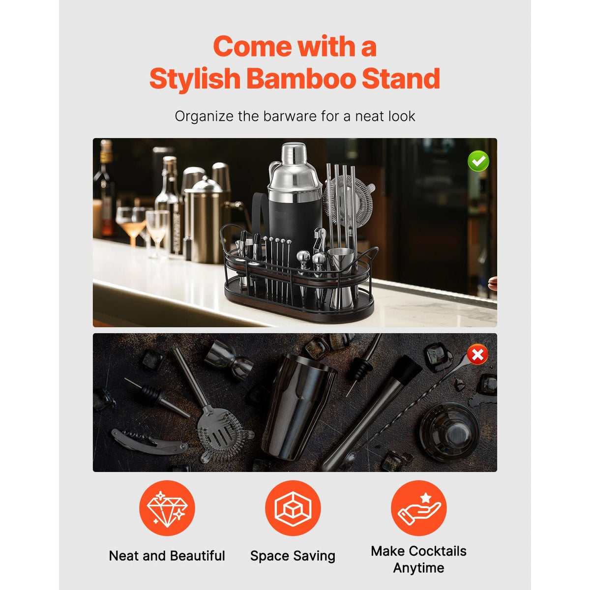 Cocktail Shaker Set, 23-Piece Stainless Steel Bar Tools with Bamboo Stand, Martini Bartender Kit Accessories | Mixer Spoon, Muddler, Jiggers, Strainer, Liquor Pourers, Ice Tong, Corkscrew