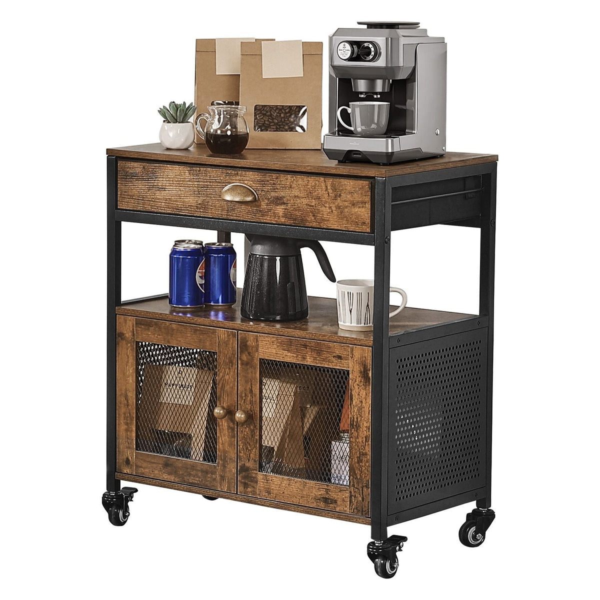 Coffee Bar Cabinet, 24 Inch Farmhouse Coffee Bar Cabinet with Storage, Movable Coffee Bar Table with Wheels & Mesh Door, Sideboard Buffet Cabinet for Kitchen, Entryway