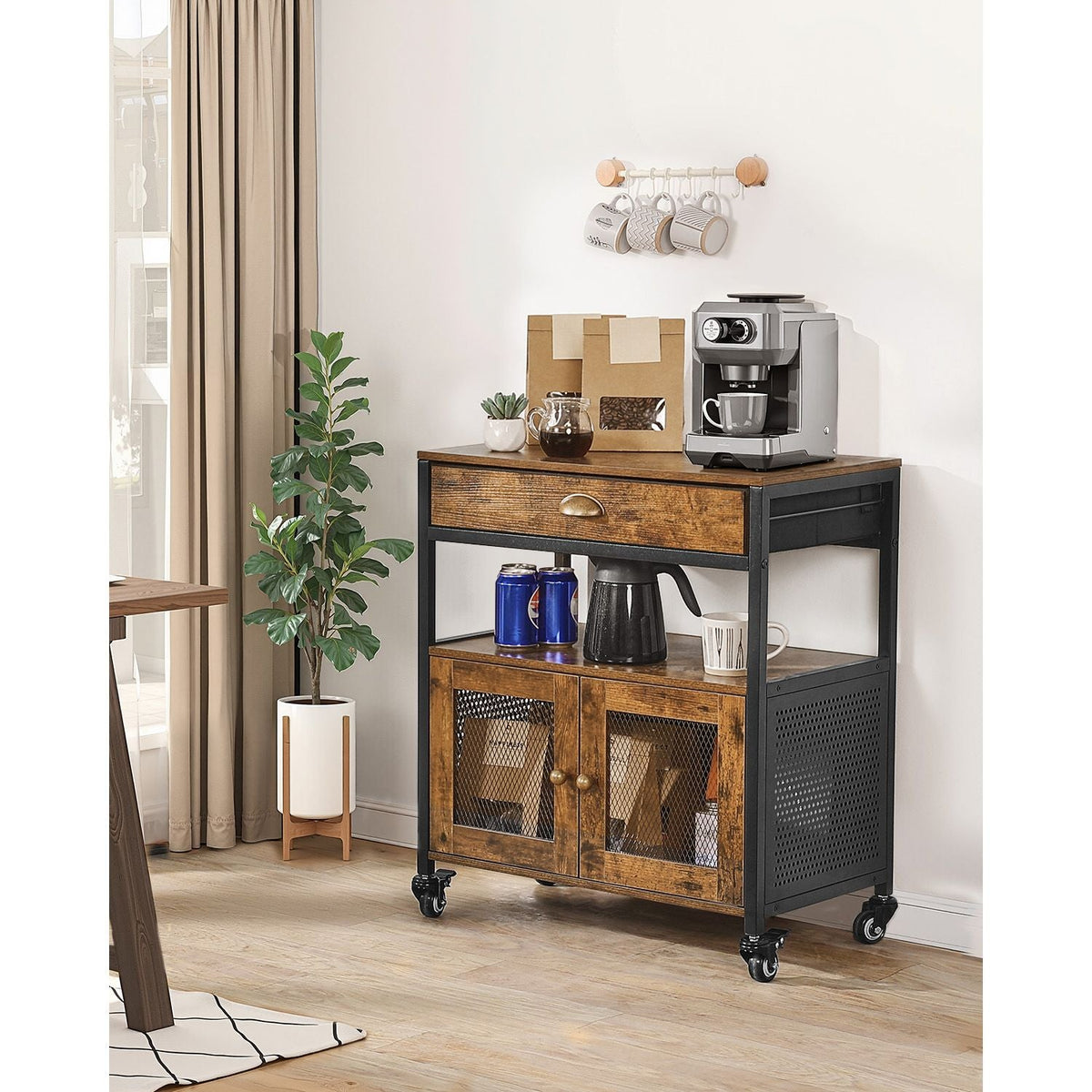Coffee Bar Cabinet, 24 Inch Farmhouse Coffee Bar Cabinet with Storage, Movable Coffee Bar Table with Wheels & Mesh Door, Sideboard Buffet Cabinet for Kitchen, Entryway