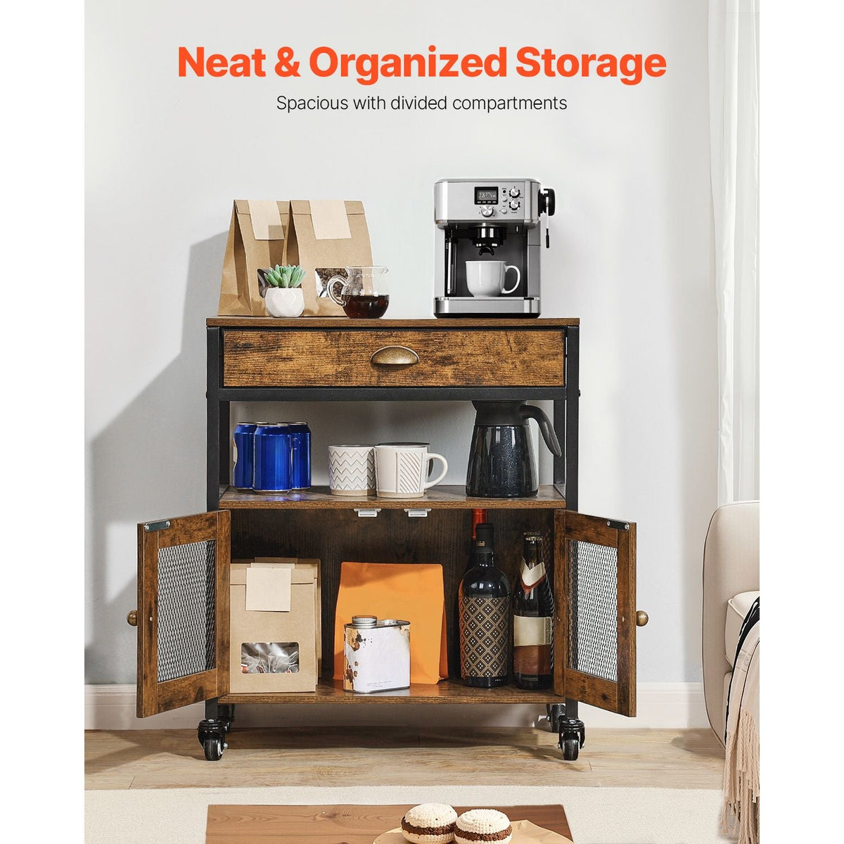 Coffee Bar Cabinet, 24 Inch Farmhouse Coffee Bar Cabinet with Storage, Movable Coffee Bar Table with Wheels & Mesh Door, Sideboard Buffet Cabinet for Kitchen, Entryway