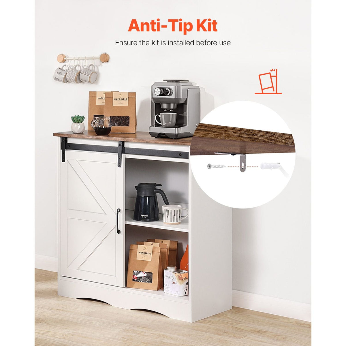 Coffee Bar Cabinet, 31.5 x 13.8 x 31.5 in Farmhouse Coffee Bar Cabinet with 3-Tier Storage, Coffee Bar Table with Barn Door, Farmhouse Sideboard Buffet Cabinet for Living Room, Entryway