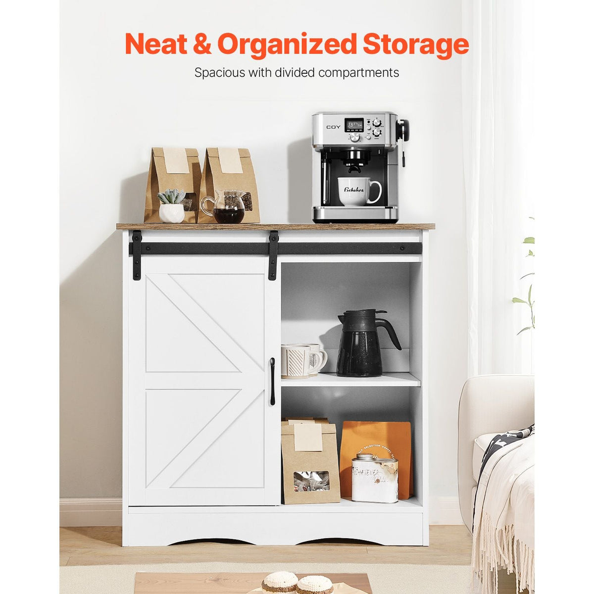 Coffee Bar Cabinet, 31.5 x 13.8 x 31.5 in Farmhouse Coffee Bar Cabinet with 3-Tier Storage, Coffee Bar Table with Barn Door, Farmhouse Sideboard Buffet Cabinet for Living Room, Entryway