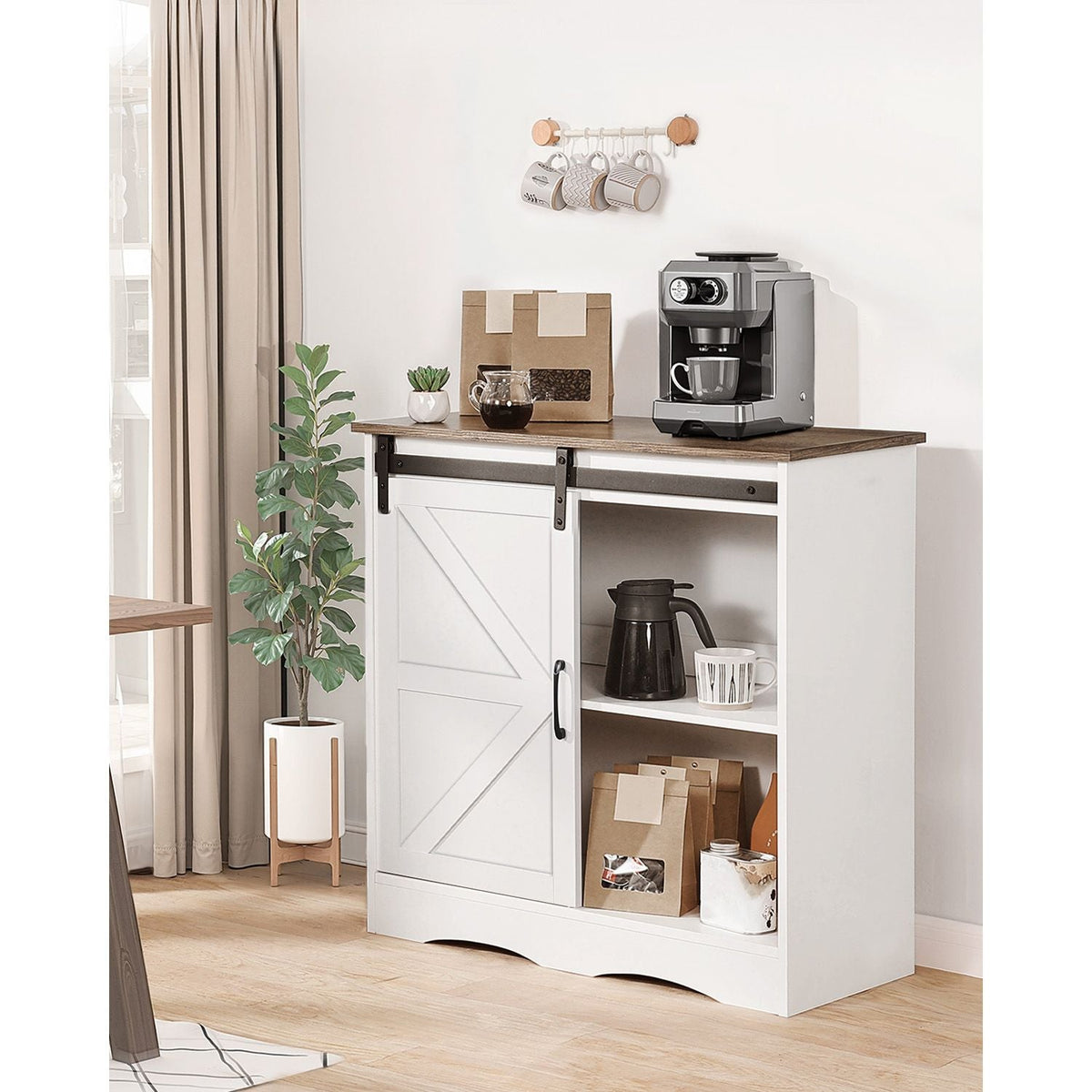 Coffee Bar Cabinet, 31.5 x 13.8 x 31.5 in Farmhouse Coffee Bar Cabinet with 3-Tier Storage, Coffee Bar Table with Barn Door, Farmhouse Sideboard Buffet Cabinet for Living Room, Entryway