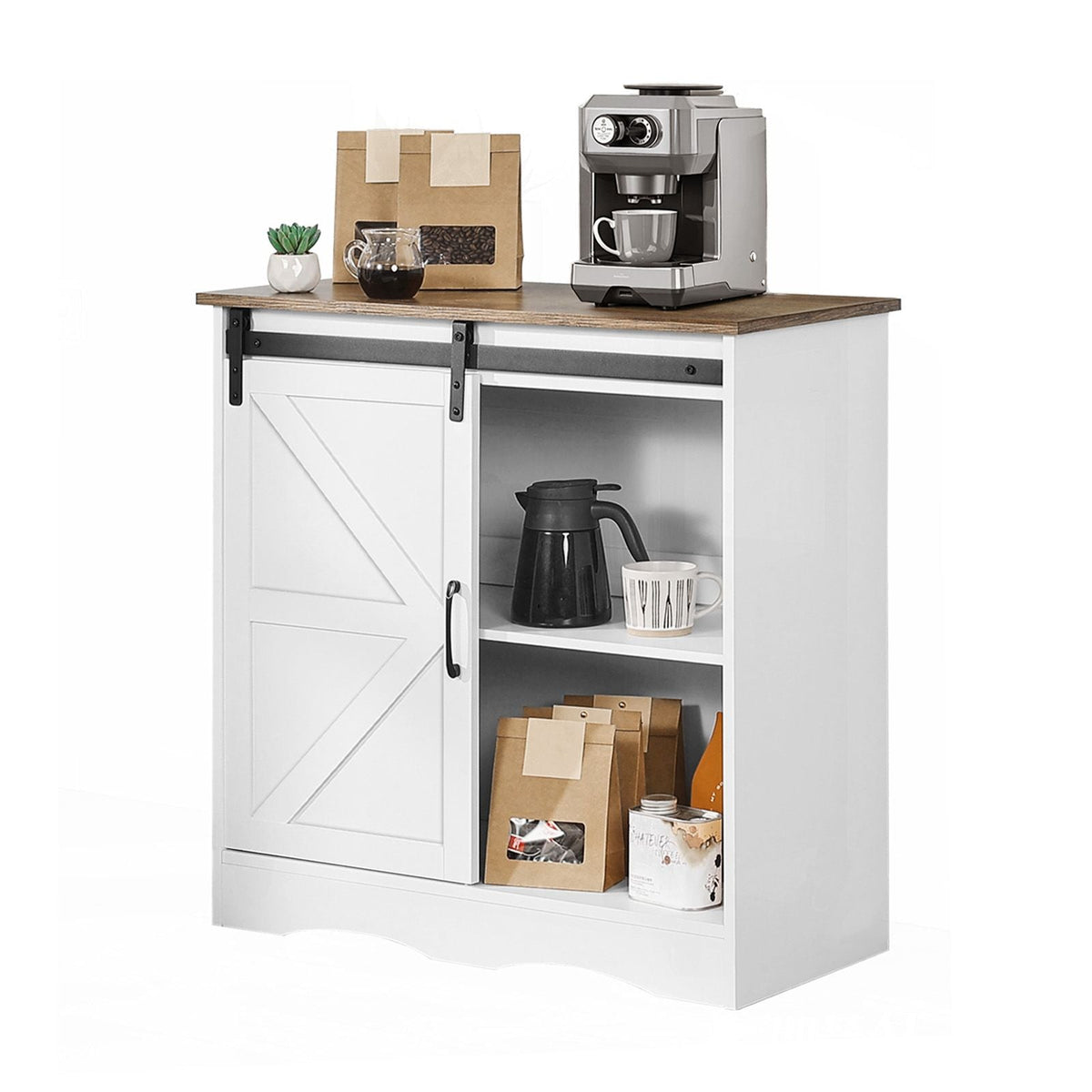 Coffee Bar Cabinet, 31.5 x 13.8 x 31.5 in Farmhouse Coffee Bar Cabinet with 3-Tier Storage, Coffee Bar Table with Barn Door, Farmhouse Sideboard Buffet Cabinet for Living Room, Entryway