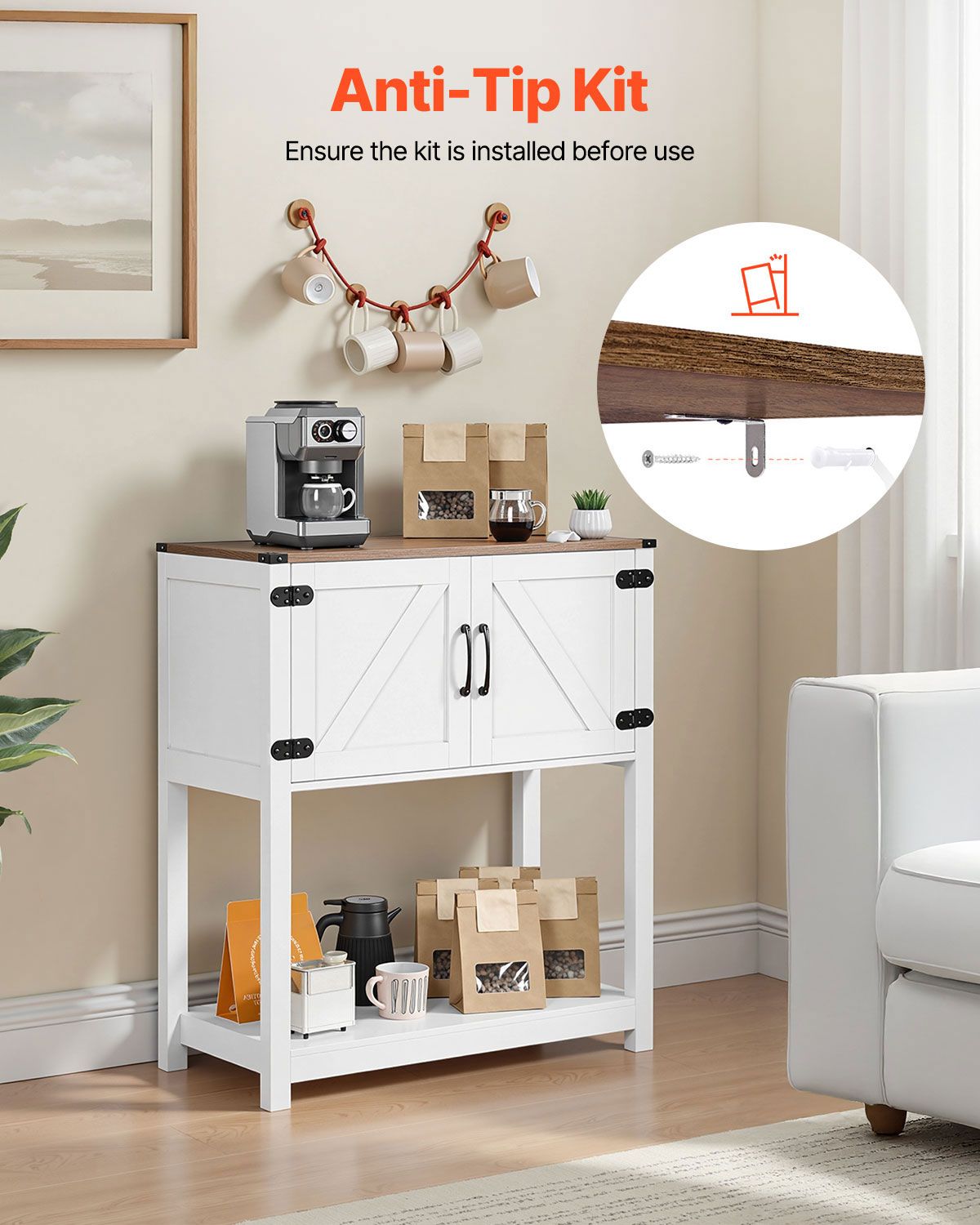 Coffee Bar Cabinet, 31.5 x 13.8 x 34.6 in Farmhouse Coffee Bar Cabinet with 3-Tier Storage, Coffee Bar Table with Magnet Doors, Farmhouse Sideboard Buffet Cabinet for Living Room, Entryway