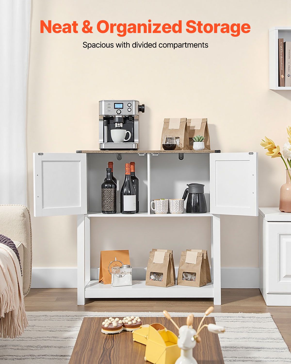 Coffee Bar Cabinet, 31.5 x 13.8 x 34.6 in Farmhouse Coffee Bar Cabinet with 3-Tier Storage, Coffee Bar Table with Magnet Doors, Farmhouse Sideboard Buffet Cabinet for Living Room, Entryway