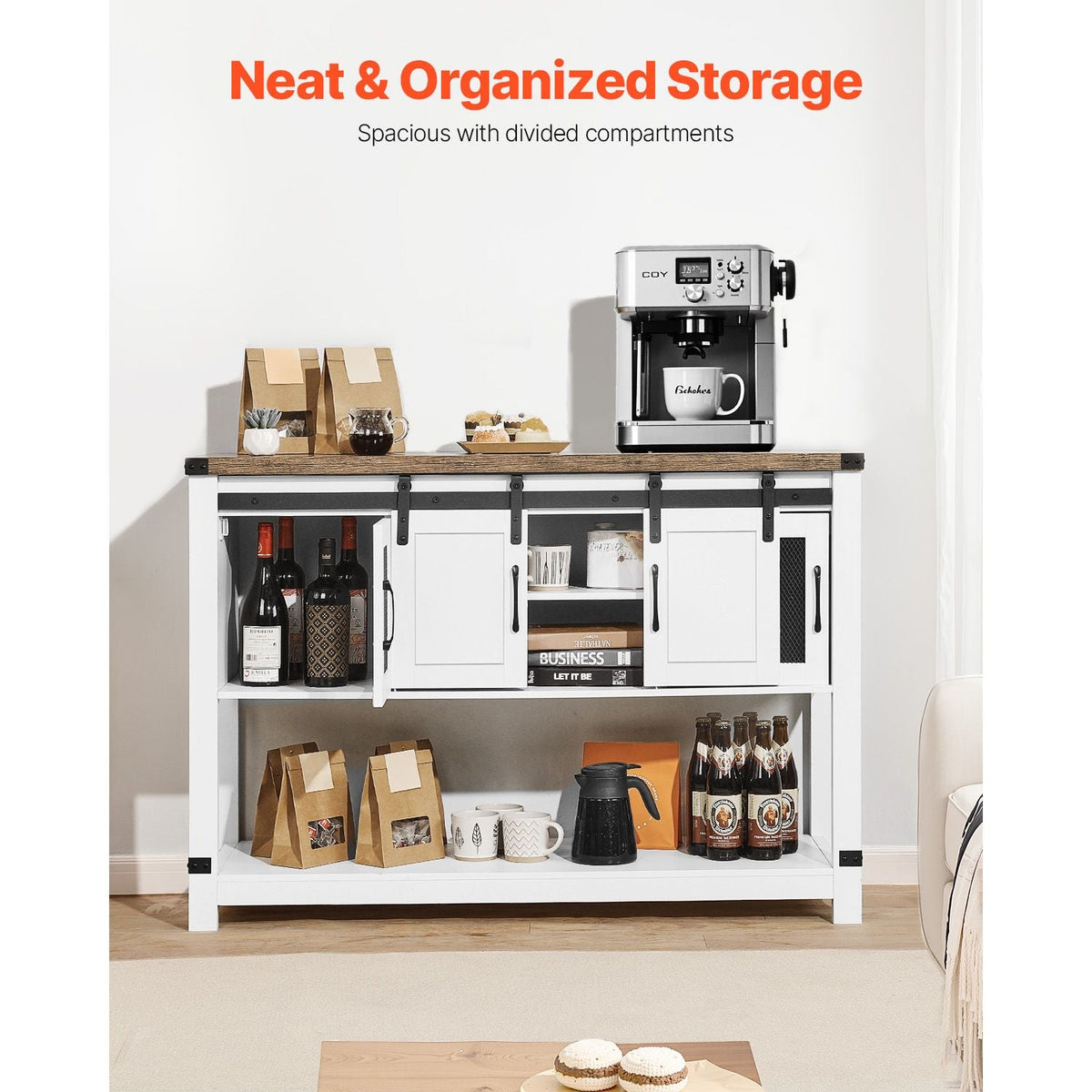Coffee Bar Cabinet, 47.3 x 15.7 x 32.7 in Farmhouse Coffee Bar Cabinet with 4-Tier Storage, Coffee Bar Table with Barn Doors, Farmhouse Sideboard Buffet Cabinet for Living Room, Entryway