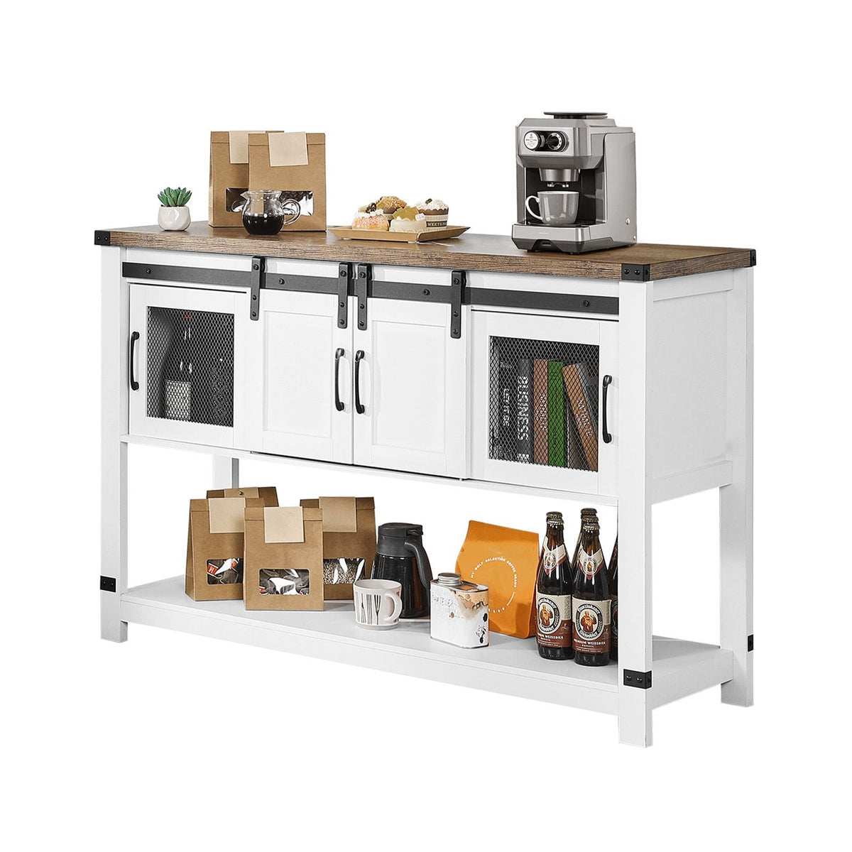 Coffee Bar Cabinet, 47.3 x 15.7 x 32.7 in Farmhouse Coffee Bar Cabinet with 4-Tier Storage, Coffee Bar Table with Barn Doors, Farmhouse Sideboard Buffet Cabinet for Living Room, Entryway