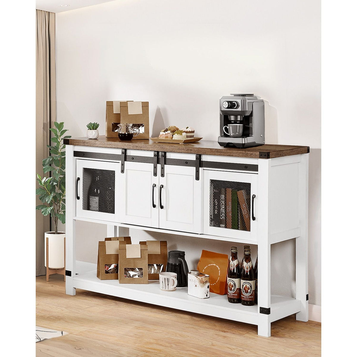 Coffee Bar Cabinet, 47.3 x 15.7 x 32.7 in Farmhouse Coffee Bar Cabinet with 4-Tier Storage, Coffee Bar Table with Barn Doors, Farmhouse Sideboard Buffet Cabinet for Living Room, Entryway