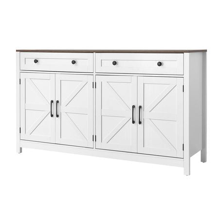 Coffee Bar Cabinet, Farmhouse Coffee Bar Table with 2 Drawers, Buffet Stand Cabinet with 4 Barn Doors, Sideboard Buffet Station for Living Room, Entryway, Kitchen, 55.1 x 15.5 x 31.5 in, White