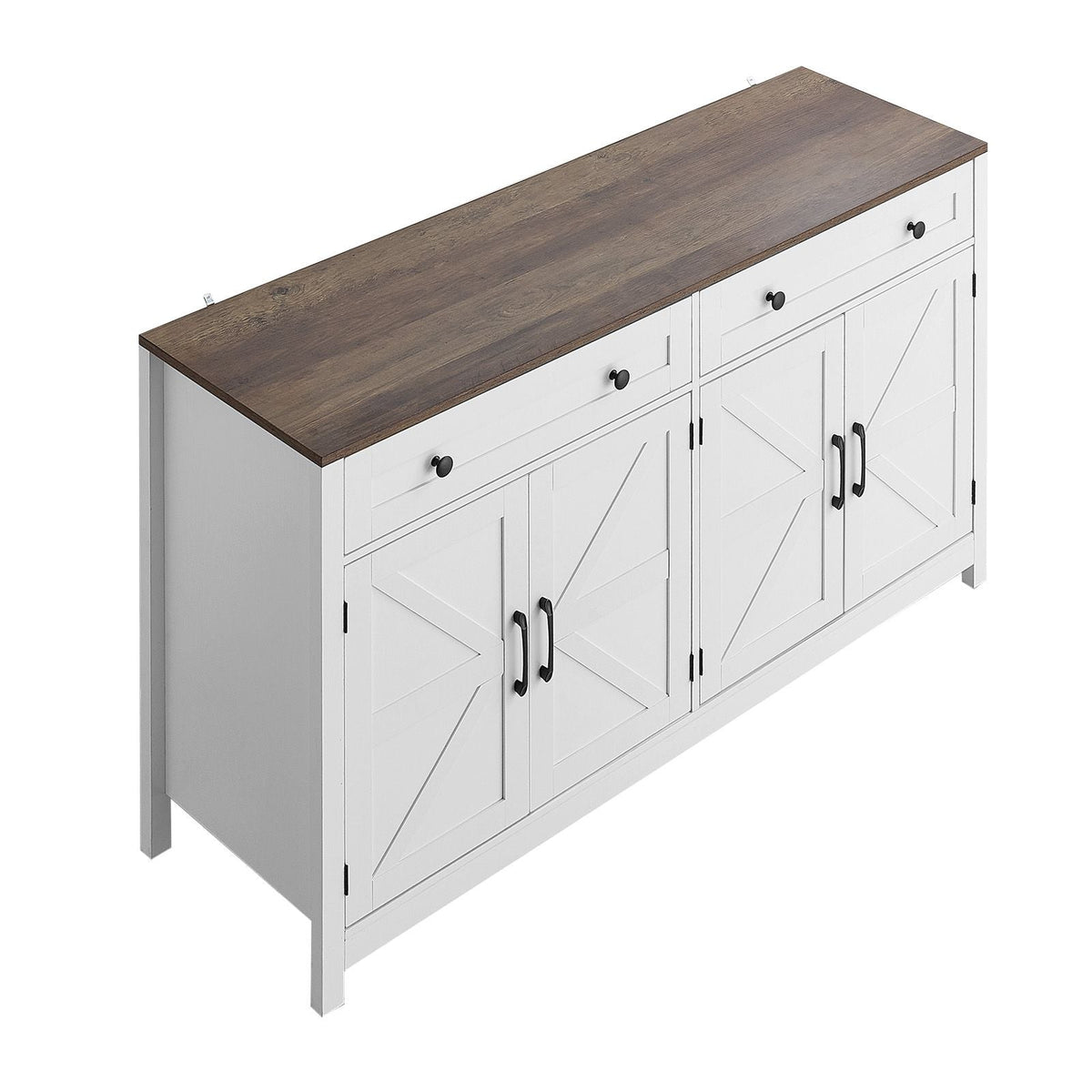 Coffee Bar Cabinet, Farmhouse Coffee Bar Table with 2 Drawers, Buffet Stand Cabinet with 4 Barn Doors, Sideboard Buffet Station for Living Room, Entryway, Kitchen, 55.1 x 15.5 x 31.5 in, White