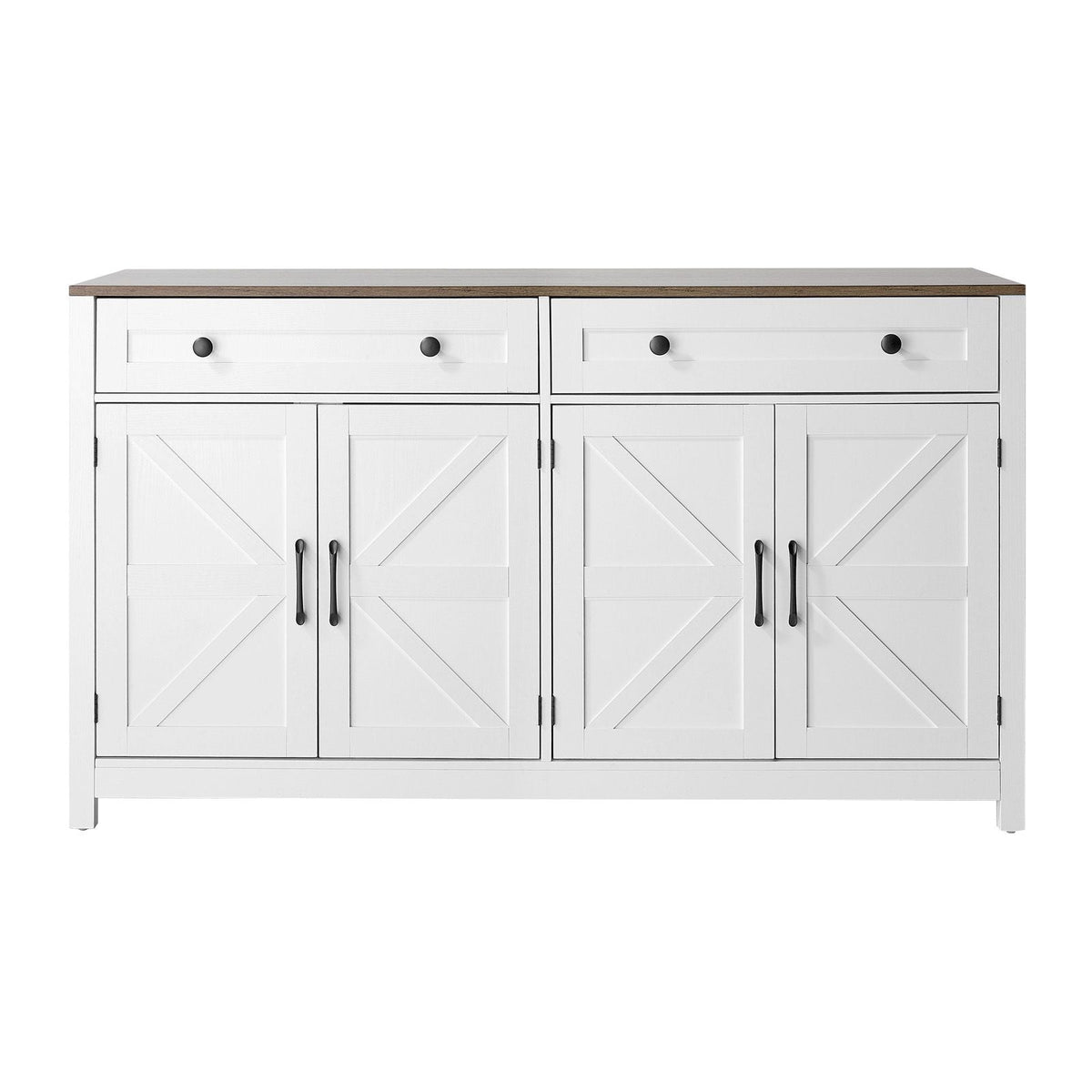 Coffee Bar Cabinet, Farmhouse Coffee Bar Table with 2 Drawers, Buffet Stand Cabinet with 4 Barn Doors, Sideboard Buffet Station for Living Room, Entryway, Kitchen, 55.1 x 15.5 x 31.5 in, White