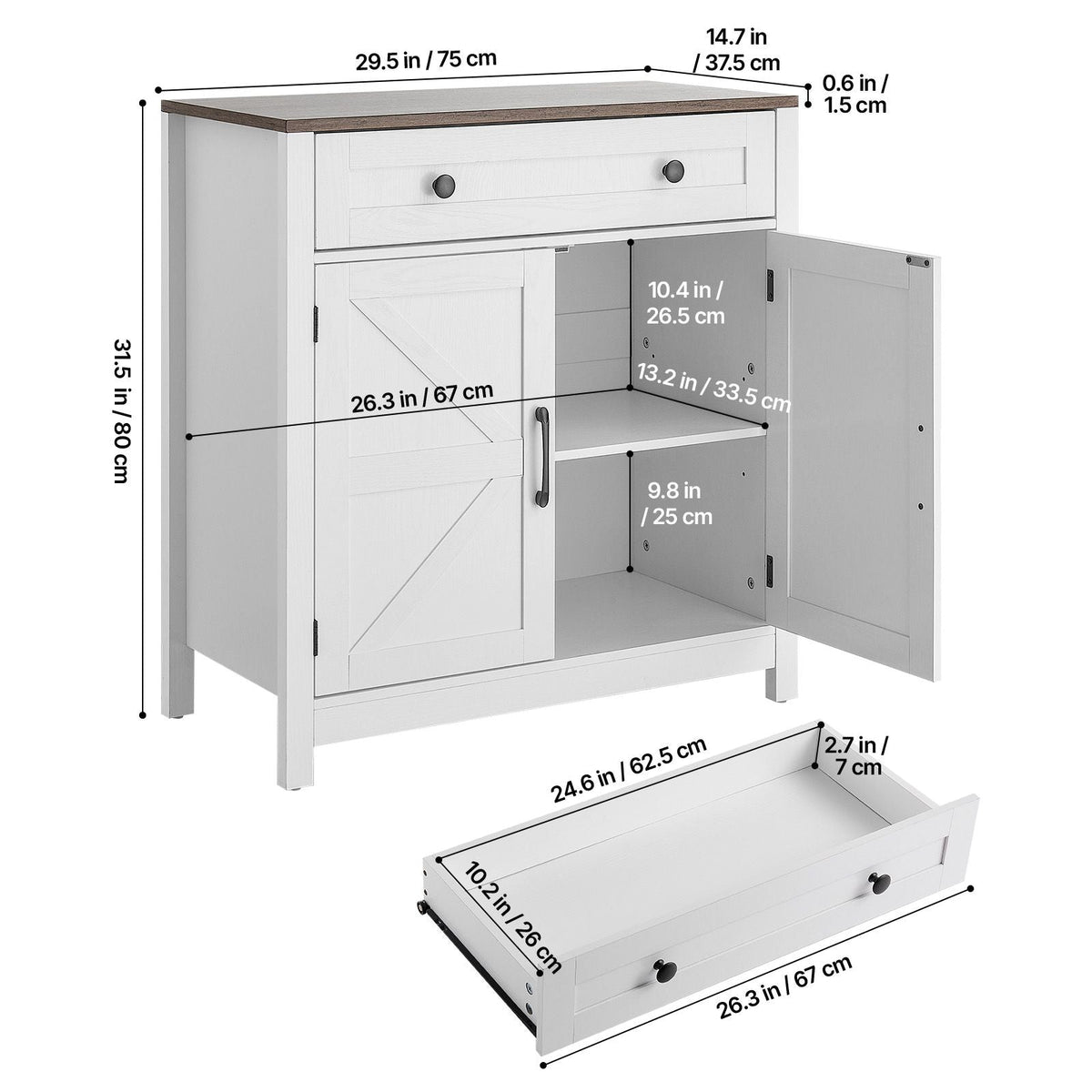 Coffee Bar Cabinet, Farmhouse Coffee Bar Table with Drawer, Buffet Stand Cabinet with 2 Barn Door, Sideboard Buffet Station for Living Room, Entryway, Kitchen, 29.5 x 14.7 x 31.5 in, White