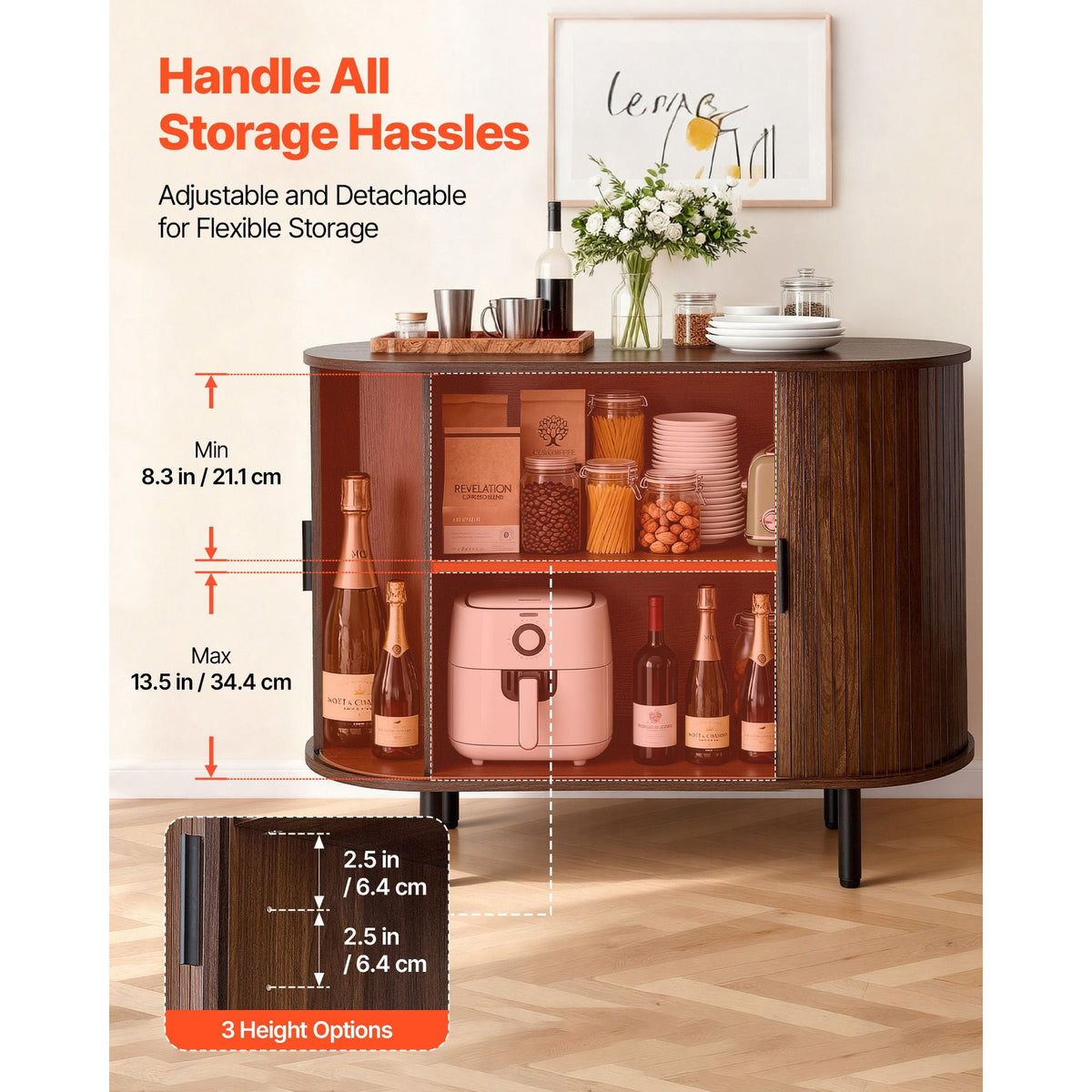 Coffee Bar Cabinet, Mid Century Fluted Coffee Bar Table, Buffet Stand Cabinet with 2 Sliding Doors, Sideboard Buffet Station for Living Room, Entryway, Kitchen, 39.3 x 15.7 x 29.5 in, Walnut