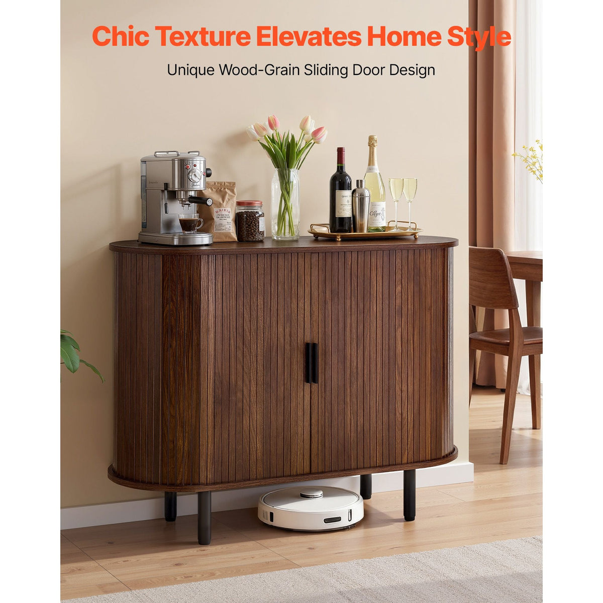Coffee Bar Cabinet, Mid Century Fluted Coffee Bar Table, Buffet Stand Cabinet with 2 Sliding Doors, Sideboard Buffet Station for Living Room, Entryway, Kitchen, 39.3 x 15.7 x 29.5 in, Walnut