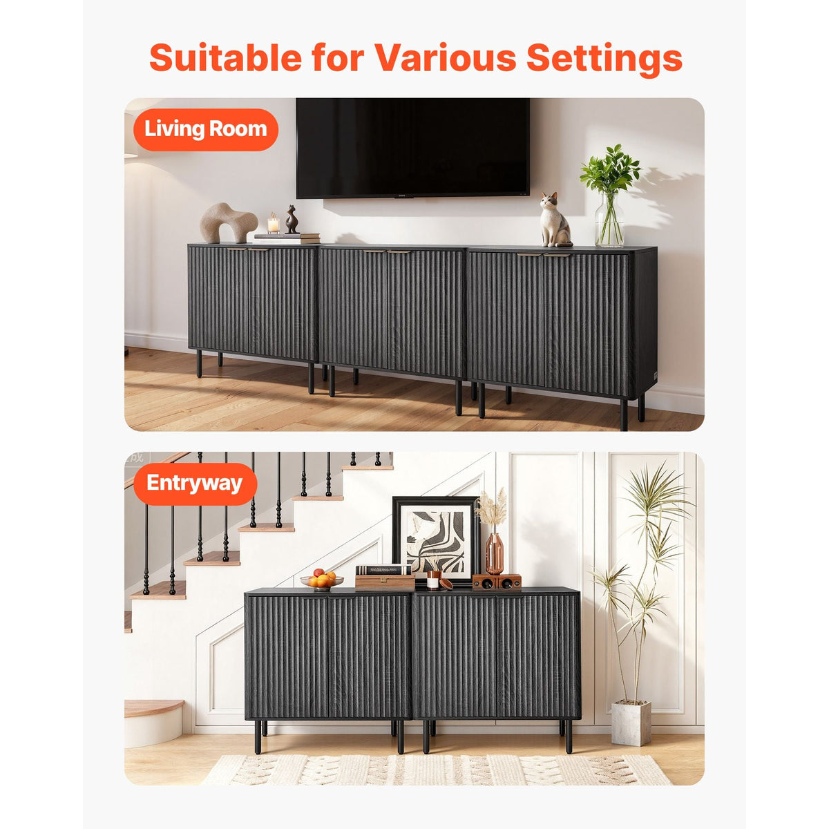 Coffee Bar Cabinet, Mid Century Fluted Coffee Bar Table with 2-Tier Storage, Buffet Stand Cabinet with Barn Door, Sideboard Buffet Station for Living Room, Entryway, 31.5 x 14.7 x 31.5 in, Black