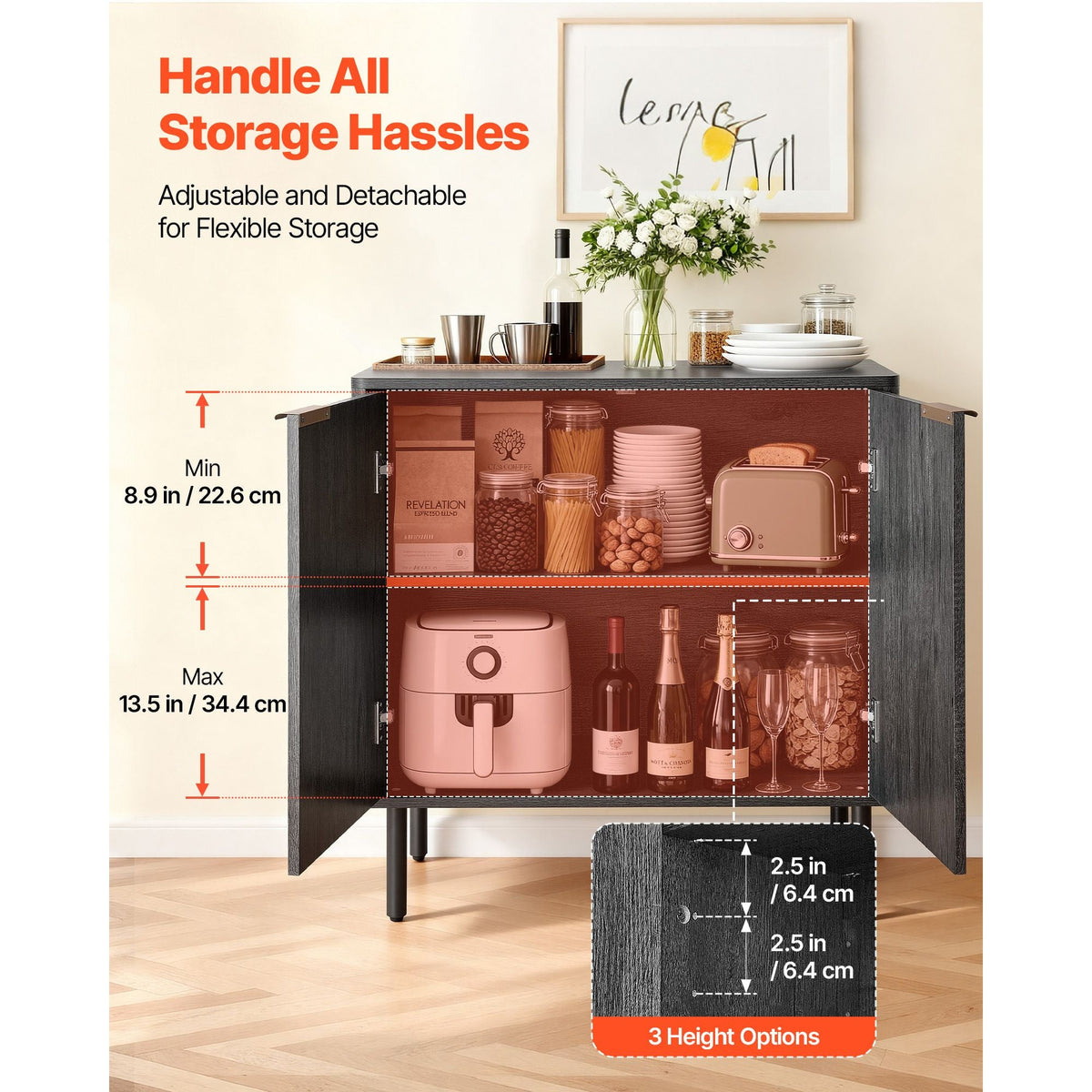 Coffee Bar Cabinet, Mid Century Fluted Coffee Bar Table with 2-Tier Storage, Buffet Stand Cabinet with Barn Door, Sideboard Buffet Station for Living Room, Entryway, 31.5 x 14.7 x 31.5 in, Black