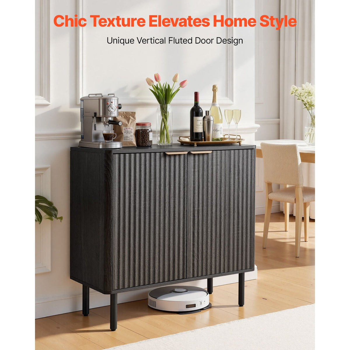 Coffee Bar Cabinet, Mid Century Fluted Coffee Bar Table with 2-Tier Storage, Buffet Stand Cabinet with Barn Door, Sideboard Buffet Station for Living Room, Entryway, 31.5 x 14.7 x 31.5 in, Black