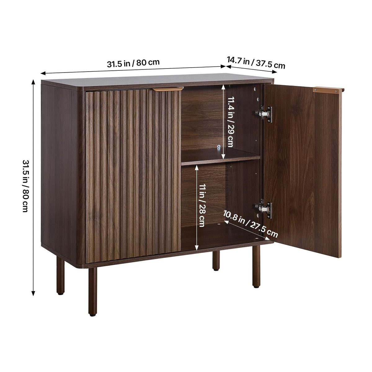 Coffee Bar Cabinet, Mid Century Fluted Coffee Bar Table with 2-Tier Storage, Buffet Stand Cabinet with Barn Door, Sideboard Buffet Station for Living Room, Entryway, 31.5 x 14.7 x 31.5 in Walnut