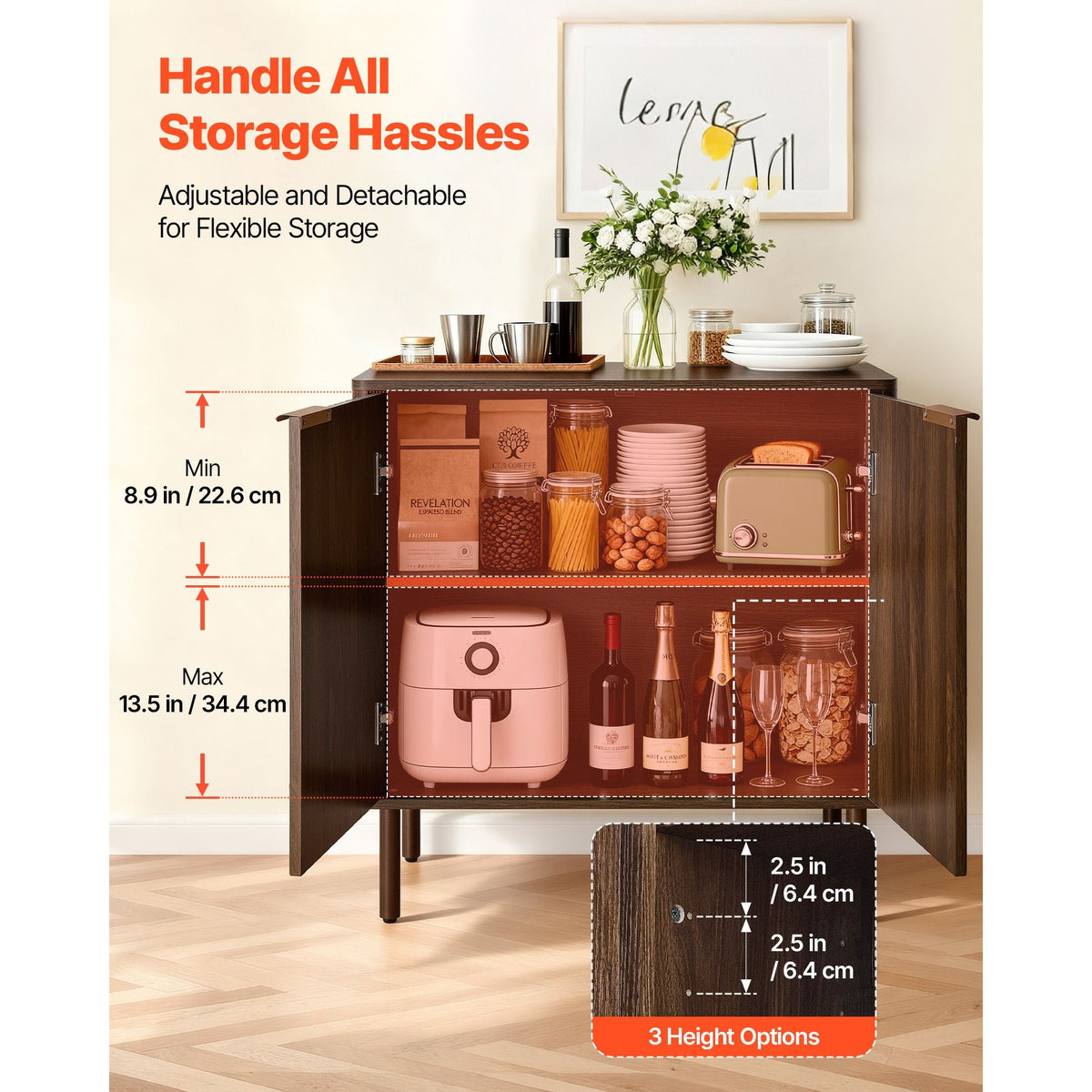 Coffee Bar Cabinet, Mid Century Fluted Coffee Bar Table with 2-Tier Storage, Buffet Stand Cabinet with Barn Door, Sideboard Buffet Station for Living Room, Entryway, 31.5 x 14.7 x 31.5 in Walnut