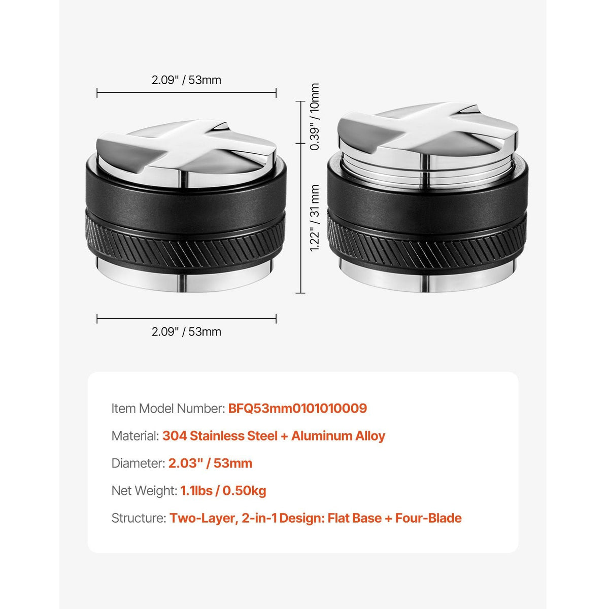 Coffee Distributor 53mm, 2-in-1 Adjustable Espresso Distributor with Fan-Shaped Base, Coffee Distributor 304 Stainless Steel with Easy-to-Disassemble Design