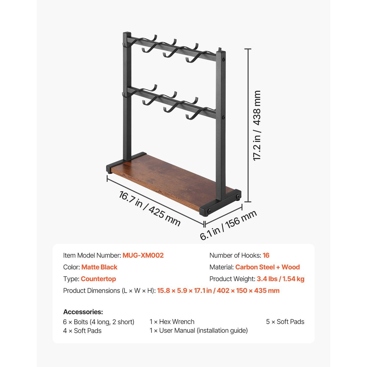 Coffee Mug Holder for Countertop, 16 Hooks Coffee Cup Holder with Storage Base, 2 Tier Mugs Tree Rack Carbon Steel & Wood Mug Display Stand, for Coffee Bar Home Storage and Display (Matte Black)