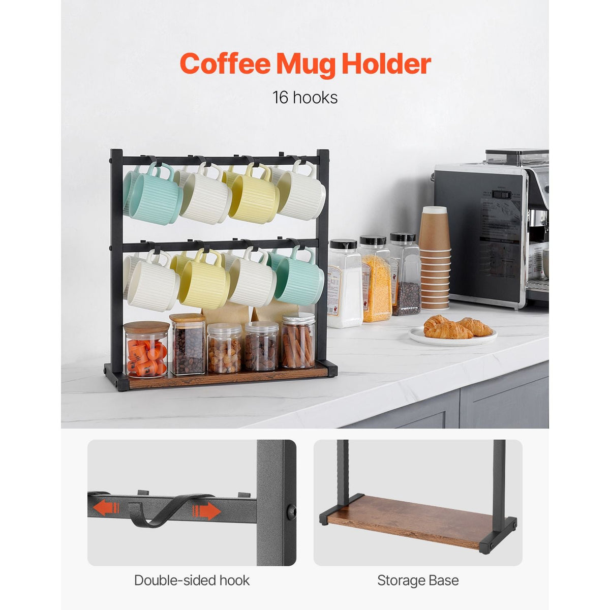 Coffee Mug Holder for Countertop, 16 Hooks Coffee Cup Holder with Storage Base, 2 Tier Mugs Tree Rack Carbon Steel & Wood Mug Display Stand, for Coffee Bar Home Storage and Display (Matte Black)