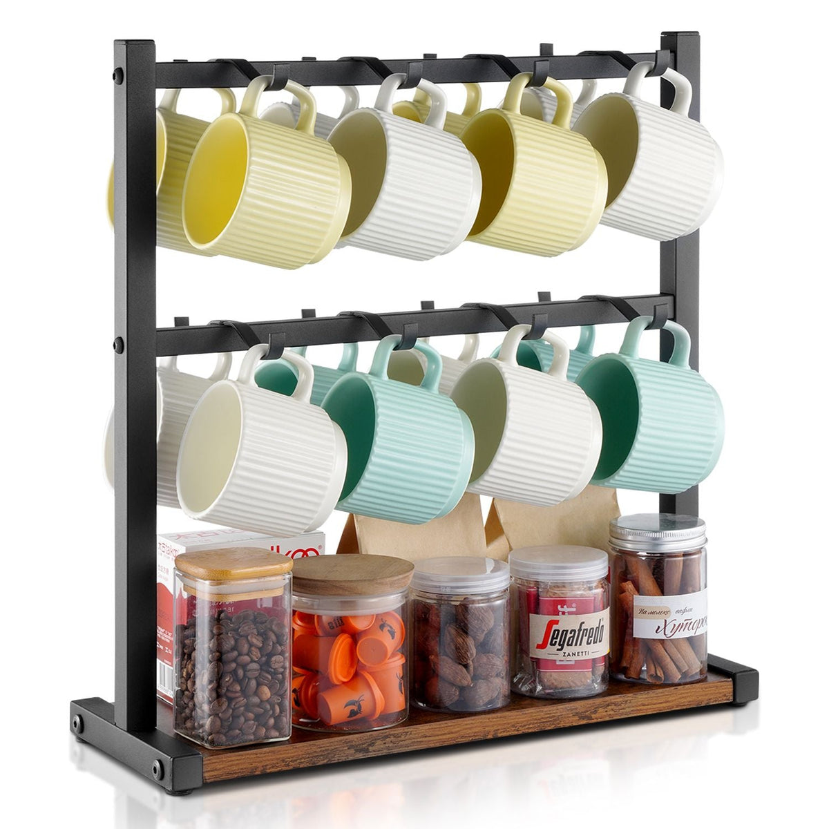 Coffee Mug Holder for Countertop, 16 Hooks Coffee Cup Holder with Storage Base, 2 Tier Mugs Tree Rack Carbon Steel & Wood Mug Display Stand, for Coffee Bar Home Storage and Display (Matte Black)