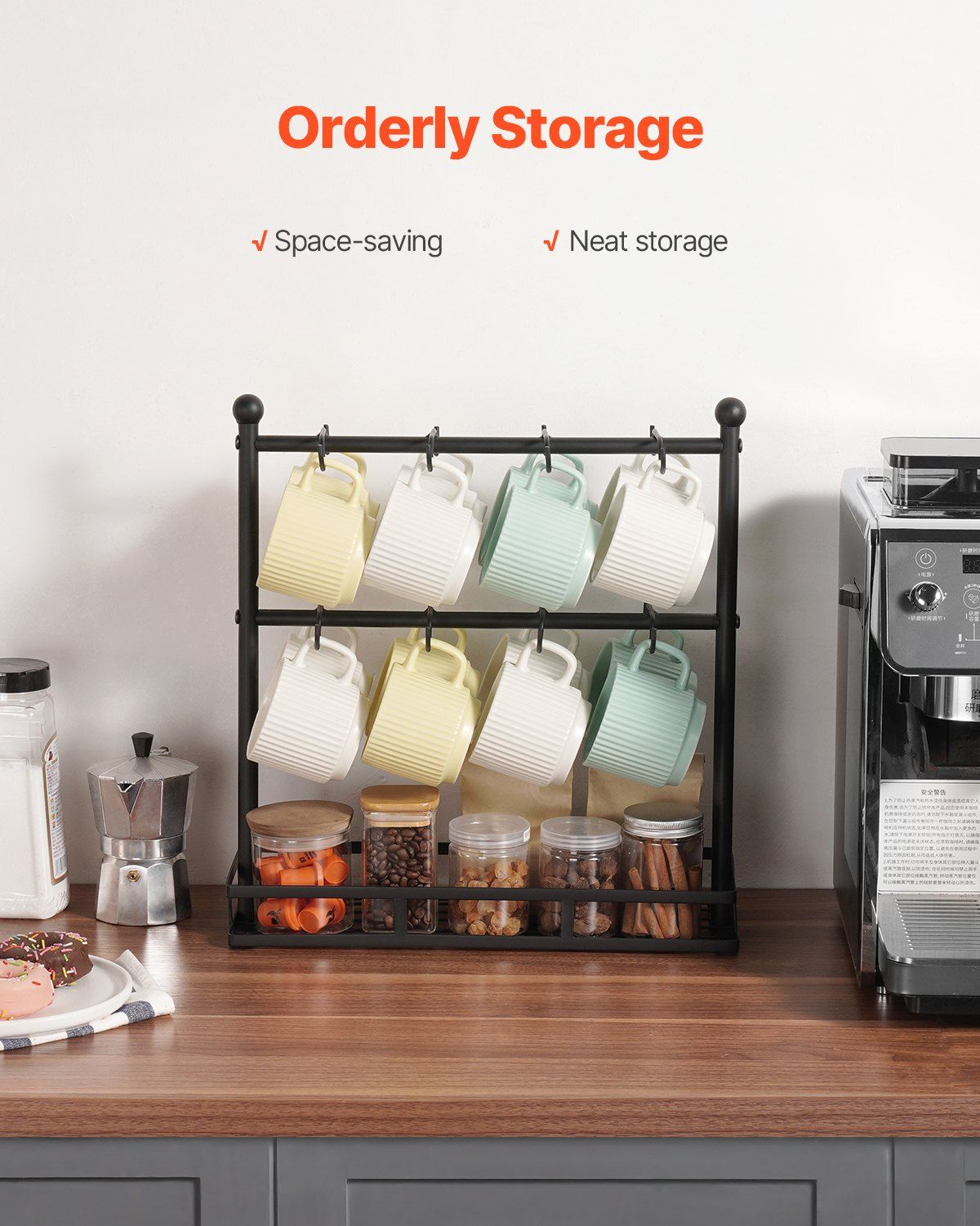 Coffee Mug Holder for Countertop 16 Hooks Cup Rack with Storage Base Organizer