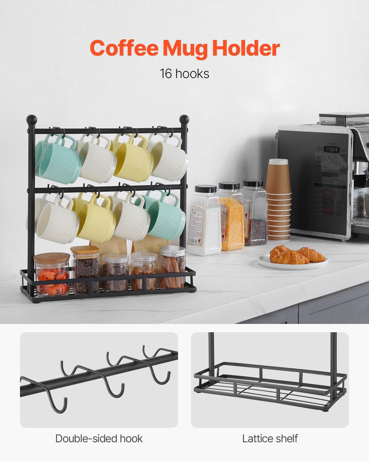 Coffee Mug Holder for Countertop 16 Hooks Cup Rack with Storage Base Organizer