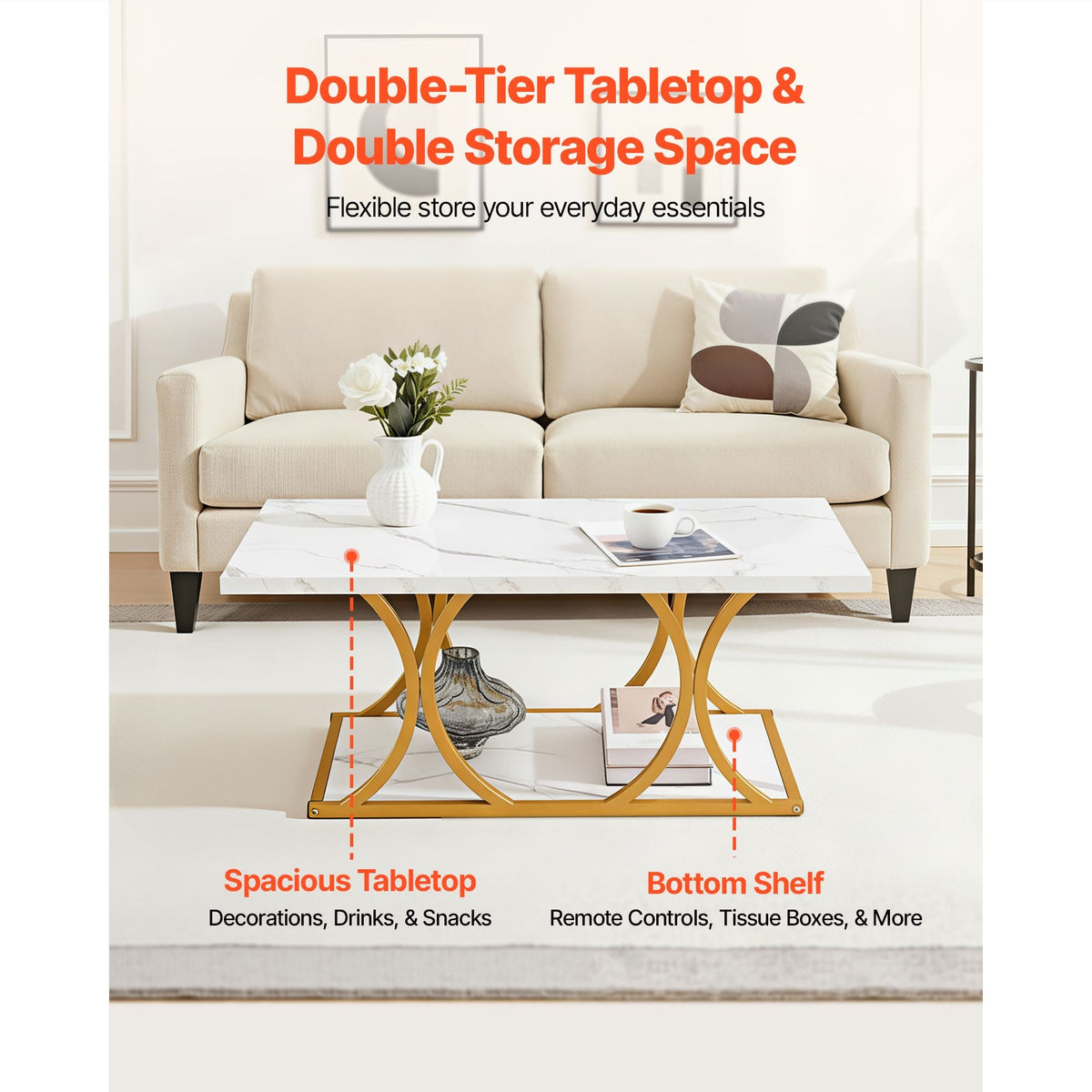 Coffee Table, Modern Faux Marble Coffee Table, 2-Tier Rectangle Center Desk with Geometric Legs, Minimalist Sturdy Metal Frame Accent End Desk for Living Room, Office, Easy Assembly, White