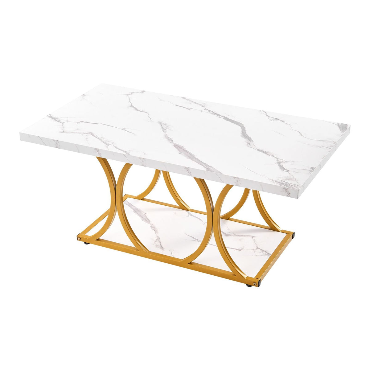 Coffee Table, Modern Faux Marble Coffee Table, 2-Tier Rectangle Center Desk with Geometric Legs, Minimalist Sturdy Metal Frame Accent End Desk for Living Room, Office, Easy Assembly, White