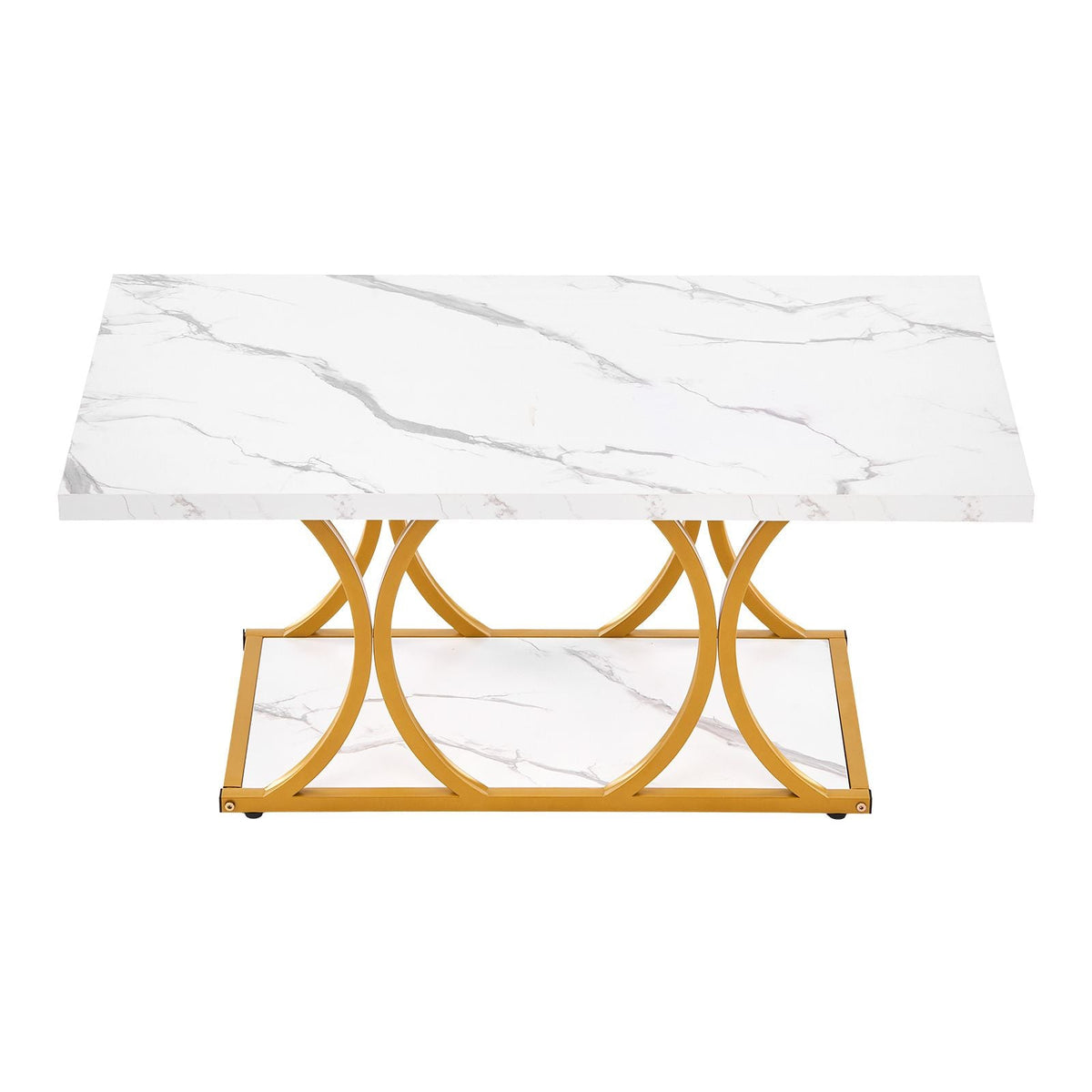 Coffee Table, Modern Faux Marble Coffee Table, 2-Tier Rectangle Center Desk with Geometric Legs, Minimalist Sturdy Metal Frame Accent End Desk for Living Room, Office, Easy Assembly, White