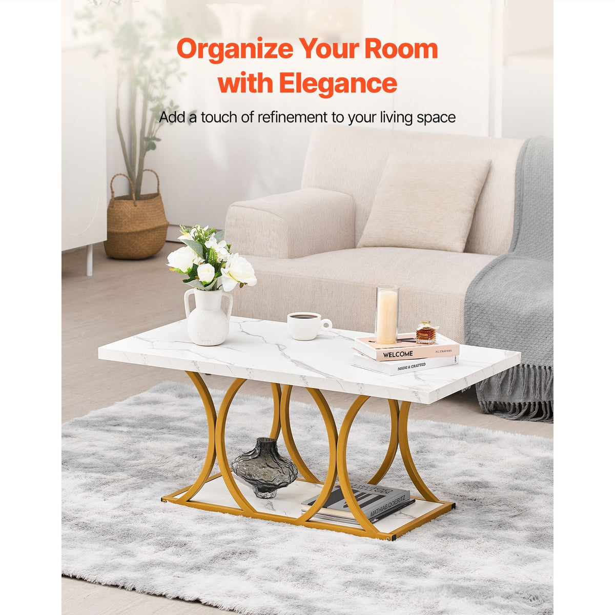 Coffee Table, Modern Faux Marble Coffee Table, 2-Tier Rectangle Center Desk with Geometric Legs, Minimalist Sturdy Metal Frame Accent End Desk for Living Room, Office, Easy Assembly, White