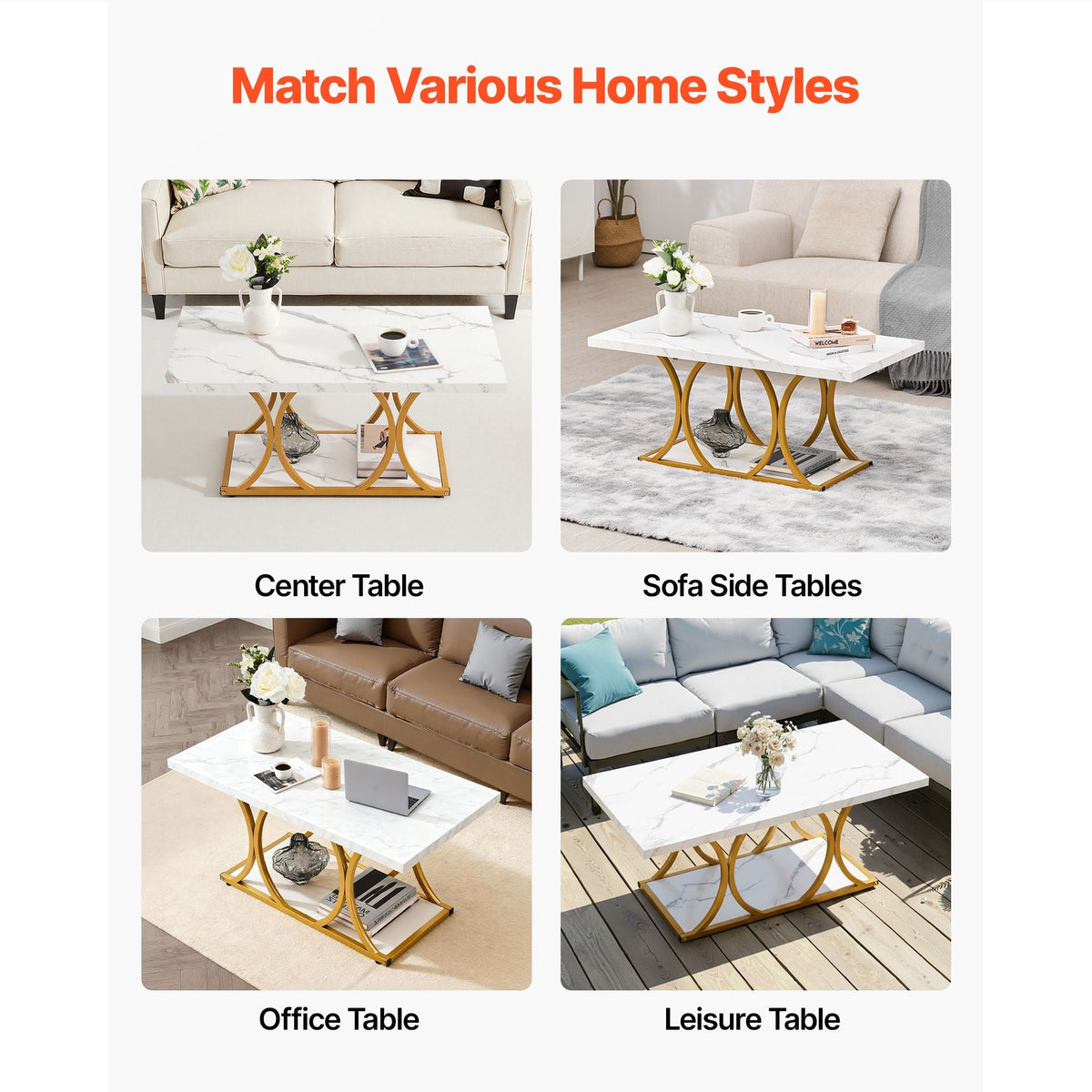 Coffee Table, Modern Faux Marble Coffee Table, 2-Tier Rectangle Center Desk with Geometric Legs, Minimalist Sturdy Metal Frame Accent End Desk for Living Room, Office, Easy Assembly, White