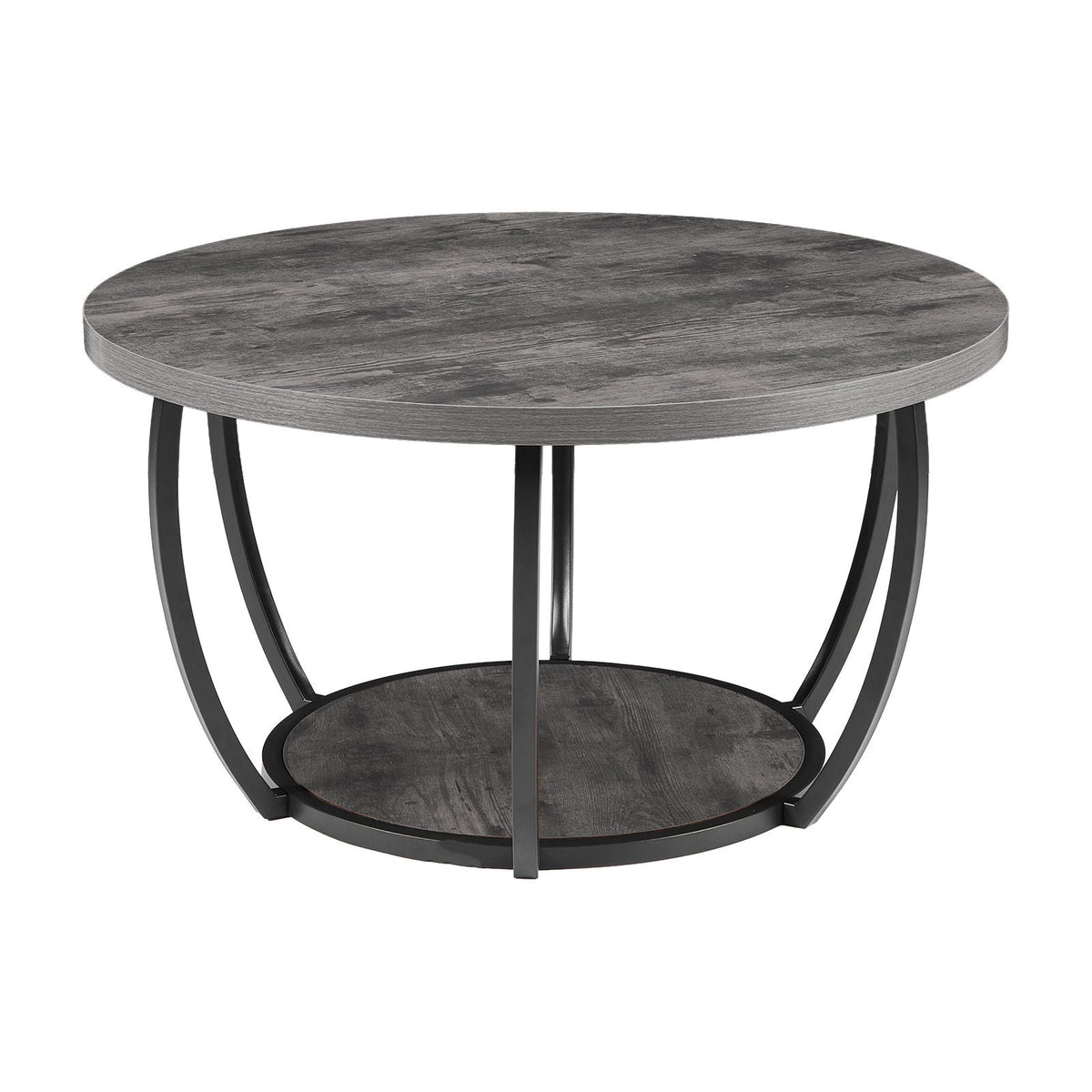 Coffee Table, Modern Round Coffee Table, 2 Tiers Wooden Circle Center Desk with Open Storage, Minimalist Sturdy Metal Frame Accent End Desk for Living Room, Office, Easy Assembly, Grey