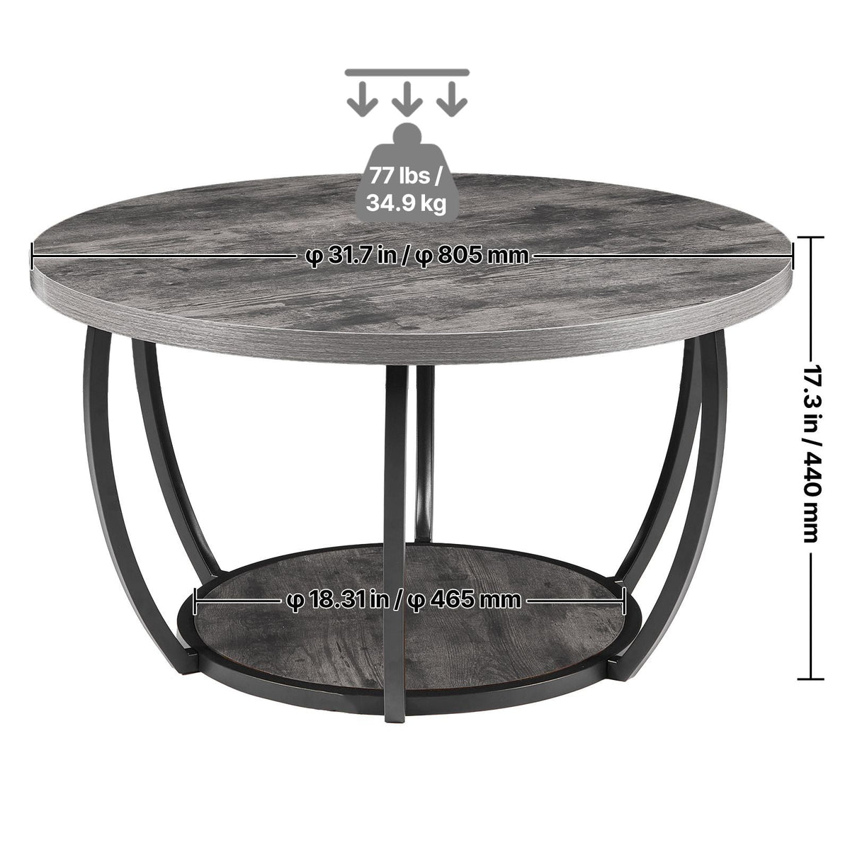 Coffee Table, Modern Round Coffee Table, 2 Tiers Wooden Circle Center Desk with Open Storage, Minimalist Sturdy Metal Frame Accent End Desk for Living Room, Office, Easy Assembly, Grey