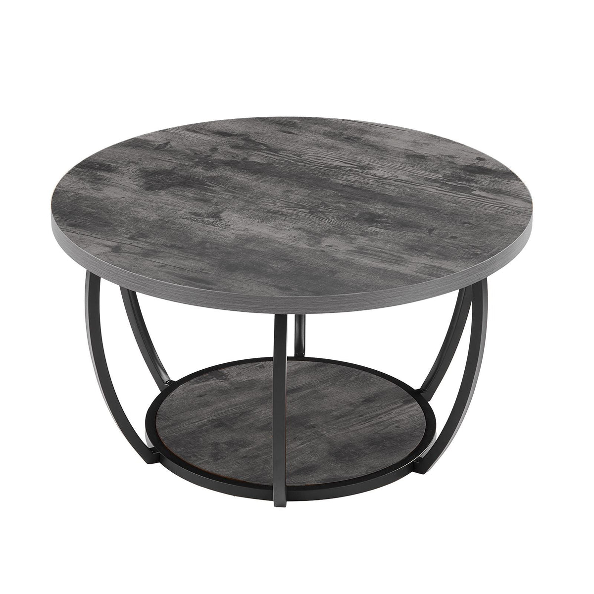 Coffee Table, Modern Round Coffee Table, 2 Tiers Wooden Circle Center Desk with Open Storage, Minimalist Sturdy Metal Frame Accent End Desk for Living Room, Office, Easy Assembly, Grey