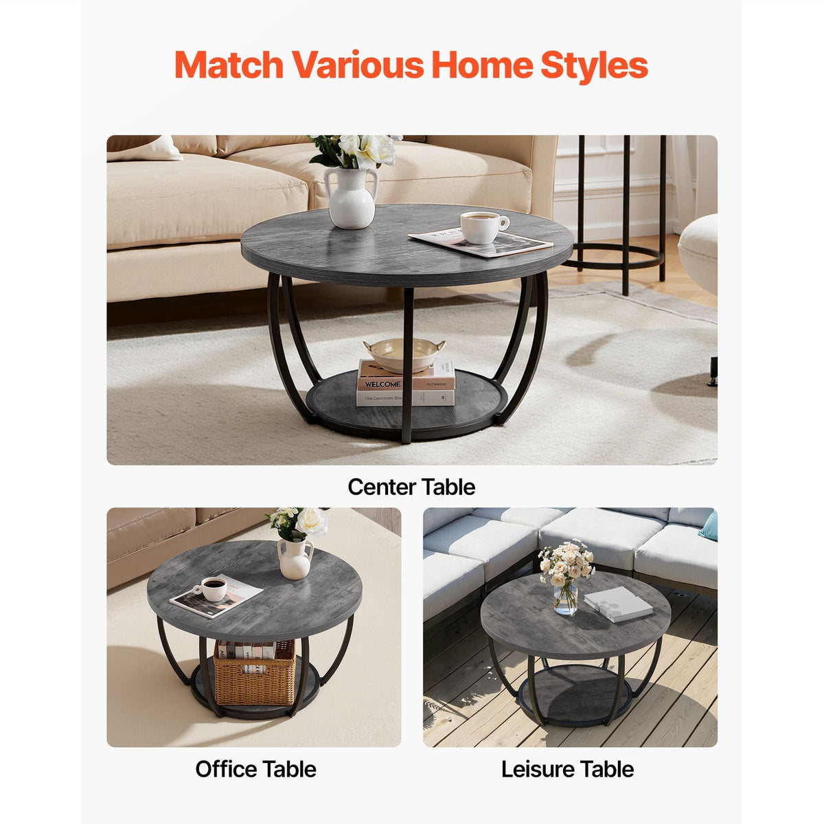 Coffee Table, Modern Round Coffee Table, 2 Tiers Wooden Circle Center Desk with Open Storage, Minimalist Sturdy Metal Frame Accent End Desk for Living Room, Office, Easy Assembly, Grey