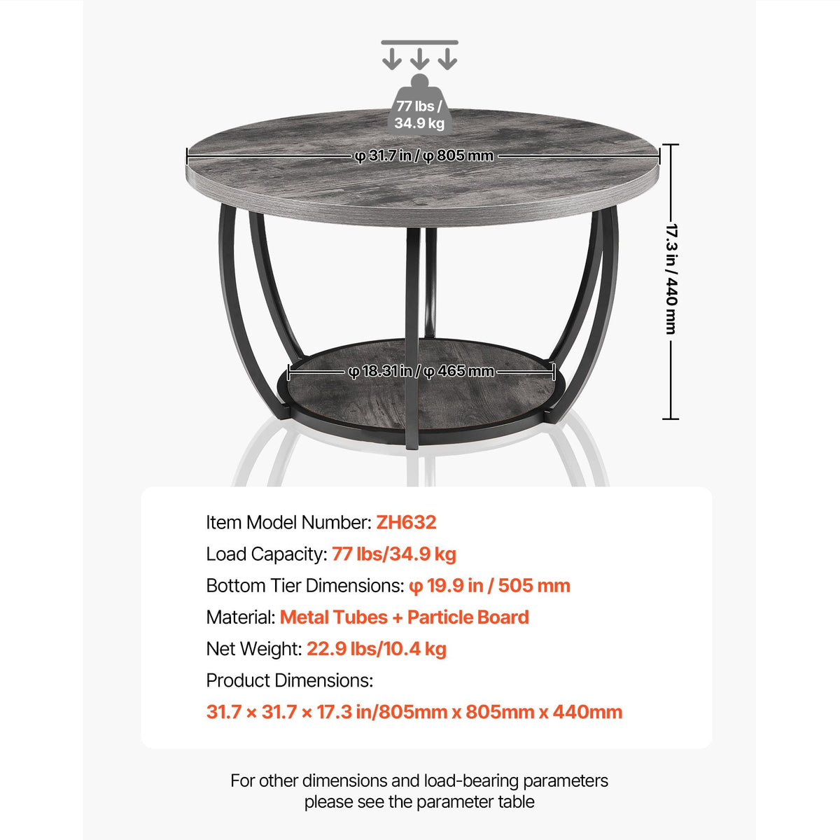 Coffee Table, Modern Round Coffee Table, 2 Tiers Wooden Circle Center Desk with Open Storage, Minimalist Sturdy Metal Frame Accent End Desk for Living Room, Office, Easy Assembly, Grey