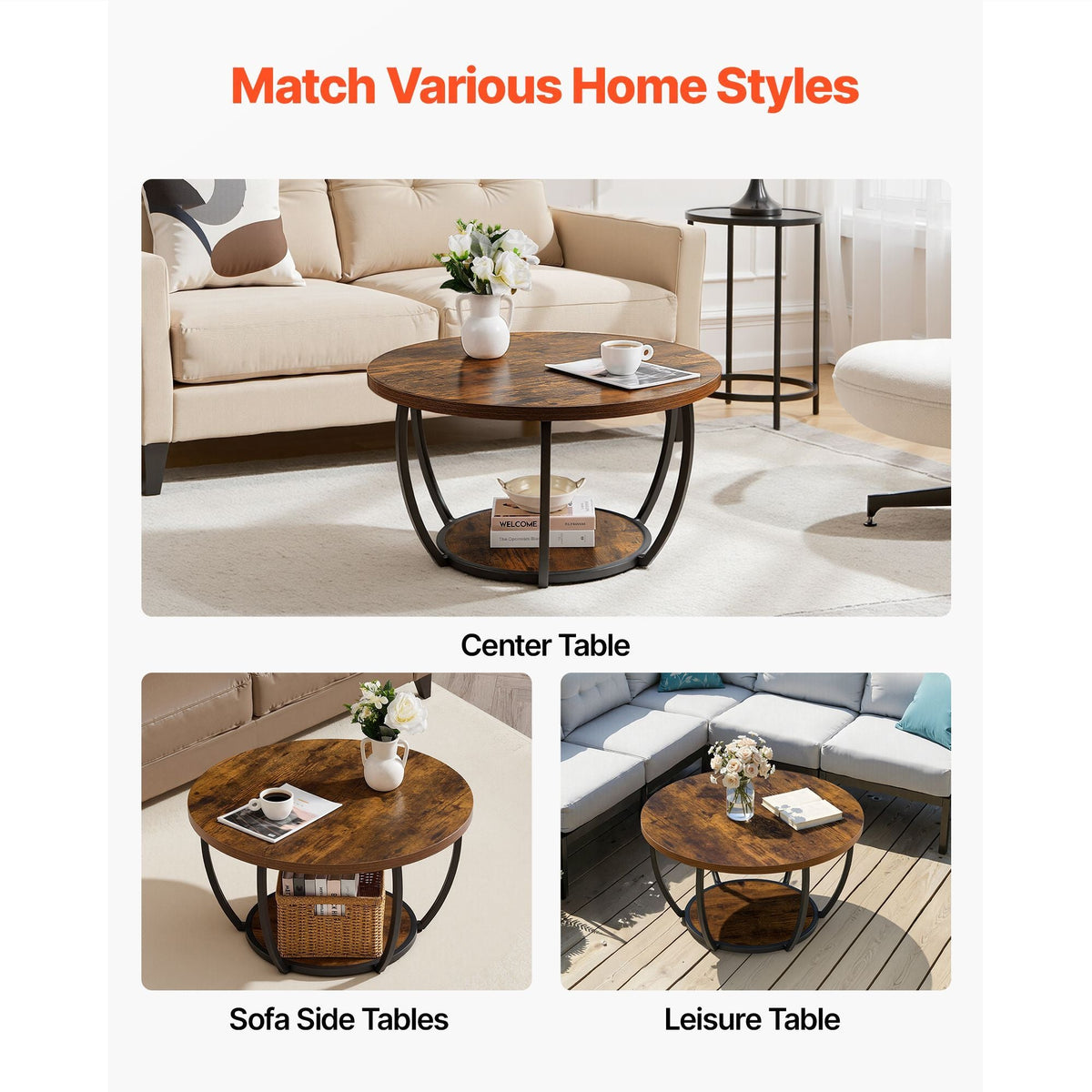 Coffee Table, Modern Round Coffee Table, 2 Tiers Wooden Circle Center Desk with Open Storage, Minimalist Sturdy Metal Frame Accent End Desk for Living Room, Office, Easy Assembly, Rustic Brown